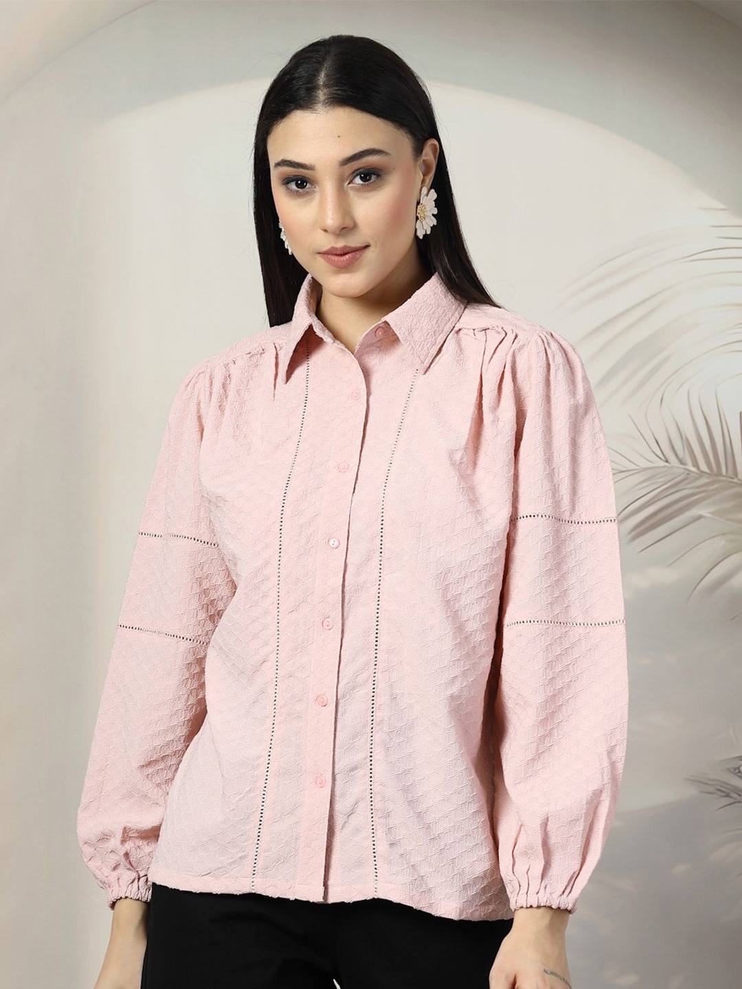 

plusS Women Standard Spread Collar Textured Solid Casual Shirt, Pink