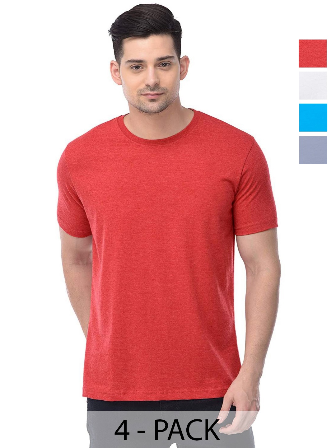 

COLOR CAPITAL Unisex Pack Of 4 Solid Round Neck Cotton T-shirts, Red