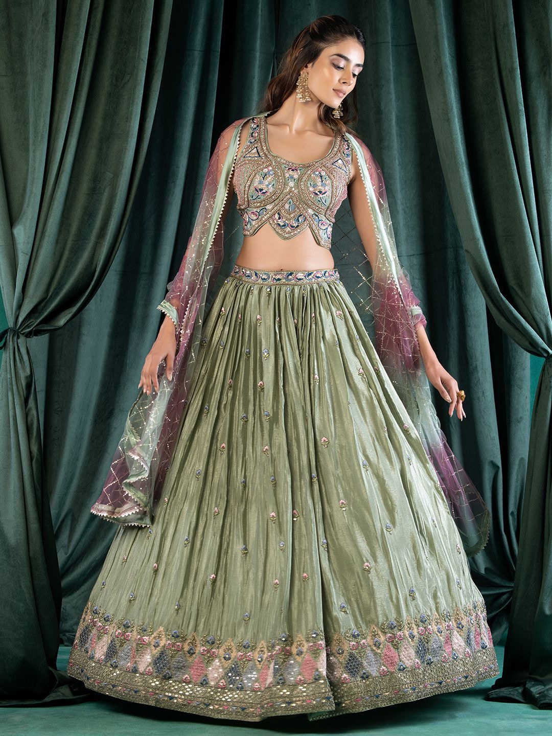 

Indya Luxe Floral Embellished Beads and Stones Ready to Wear Lehenga & Blouse With Dupatta, Blue