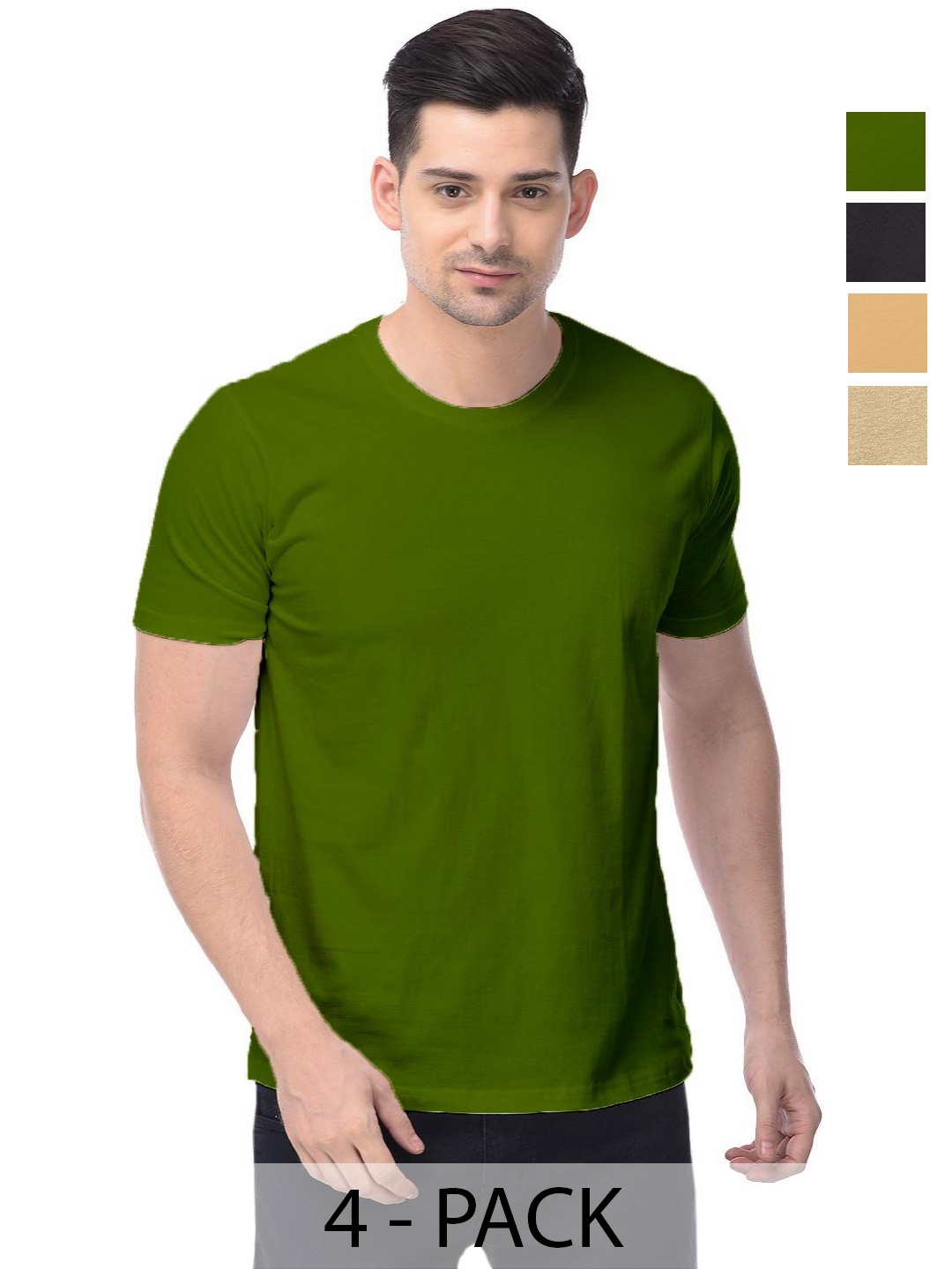 

COLOR CAPITAL Unisex Pack Of 4 Solid Round Neck Cotton T-shirts, Olive