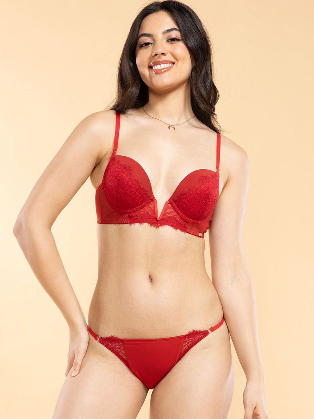 

Enamor Low Rise Bikini with Elegant Eyelash Lace and String Detailing For Chic Style P141, Red