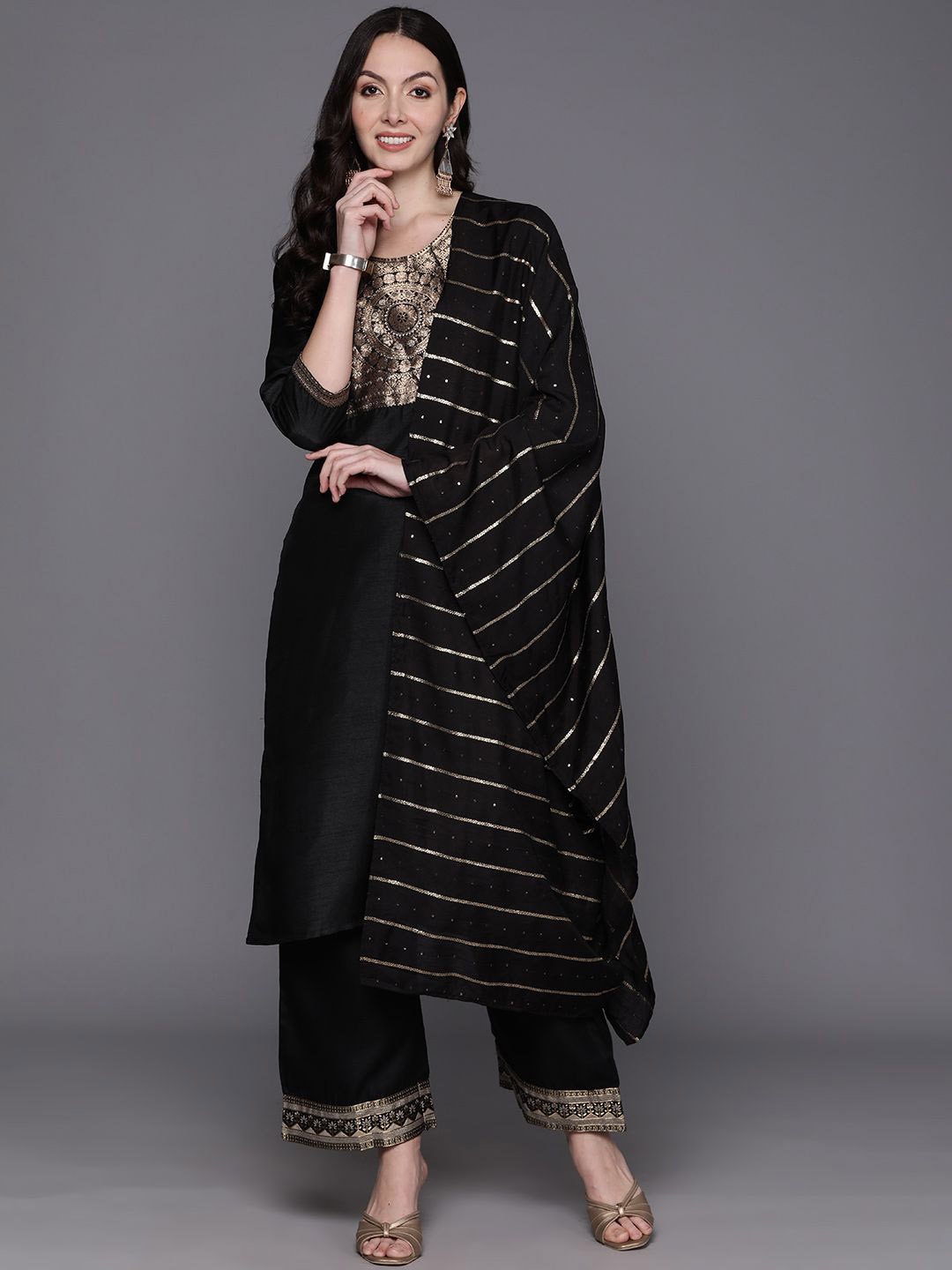 

Indo Era Ethnic Motifs Embroidered Straight Kurta With Palazzos & Dupatta, Black