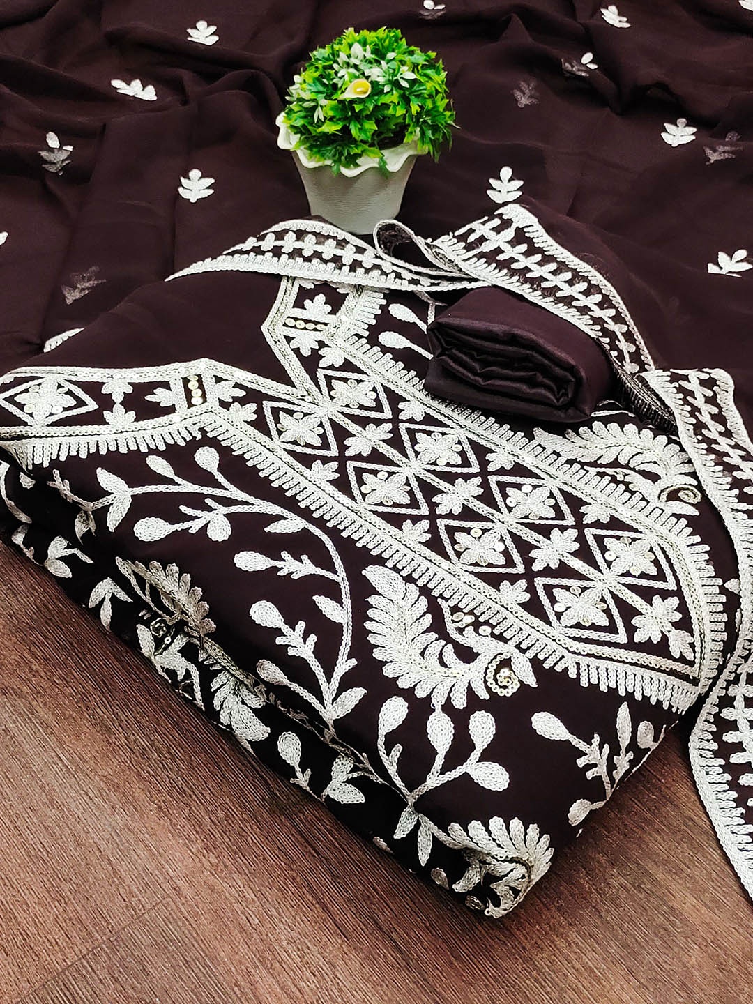 

MANVAA Floral Embroidered Unstitched Dress Material, Brown