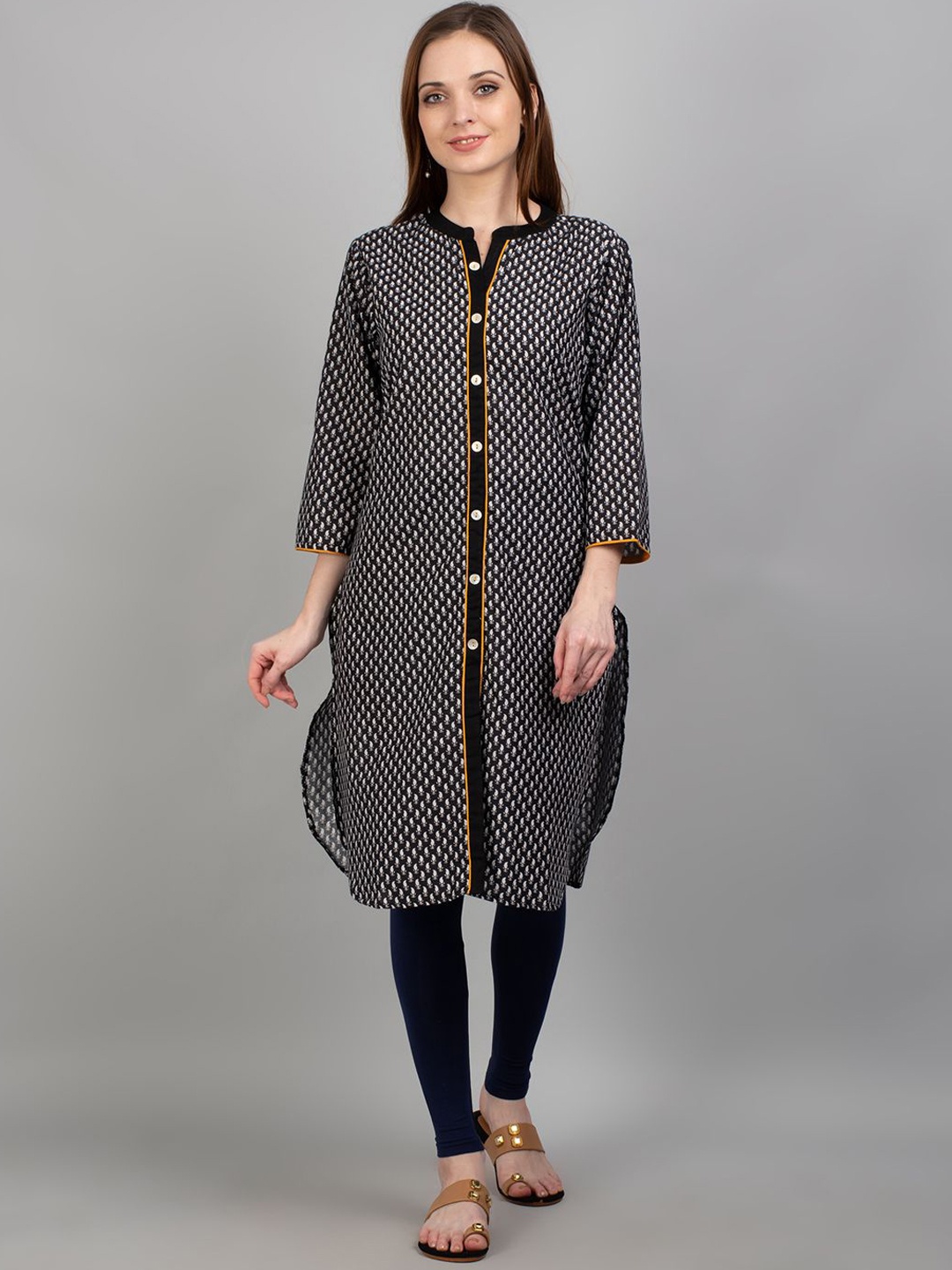

Shree Ethnic Motifs Paisley Printed Mandarin Collar Cotton Straight Kurta, Black