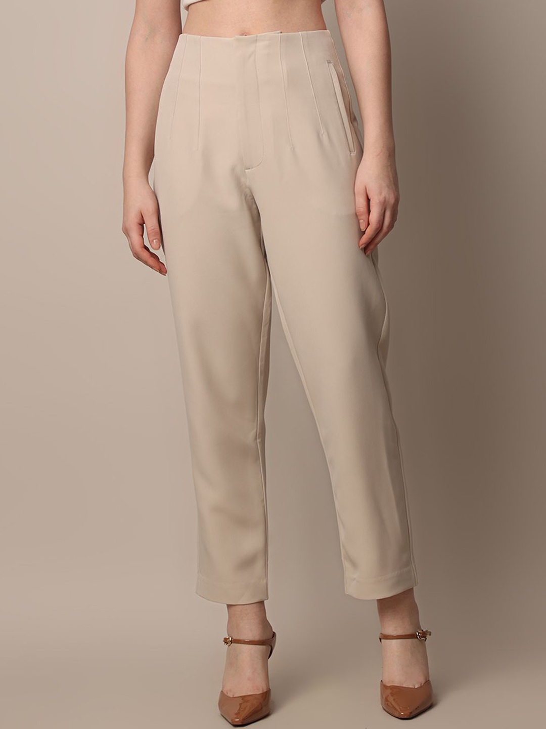 

ONLY Women Solid Slim Fit High-Rise Trousers, Beige