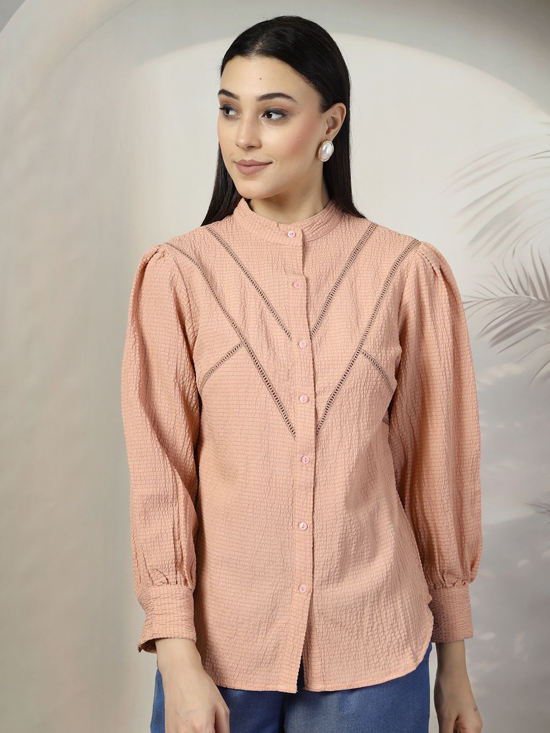 

plusS Women Standard Band Collar Textured Solid Casual Shirt, Peach