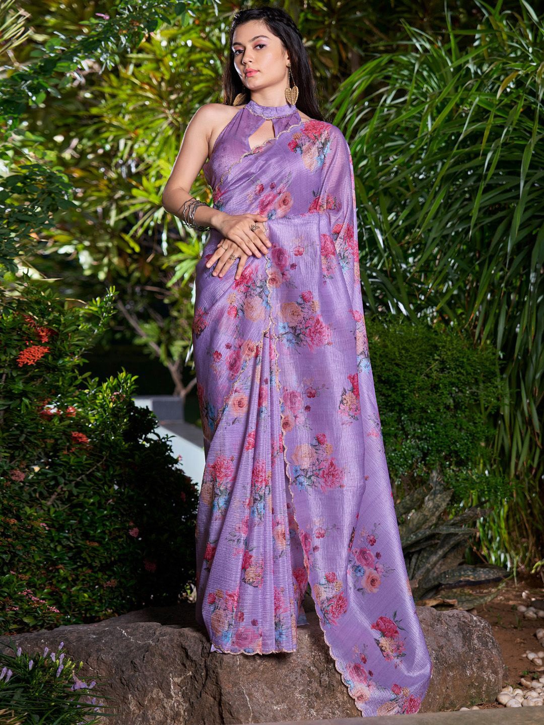 

Anouk Women Floral Printed Beads and Stones Saree With Embellished Border, Lavender