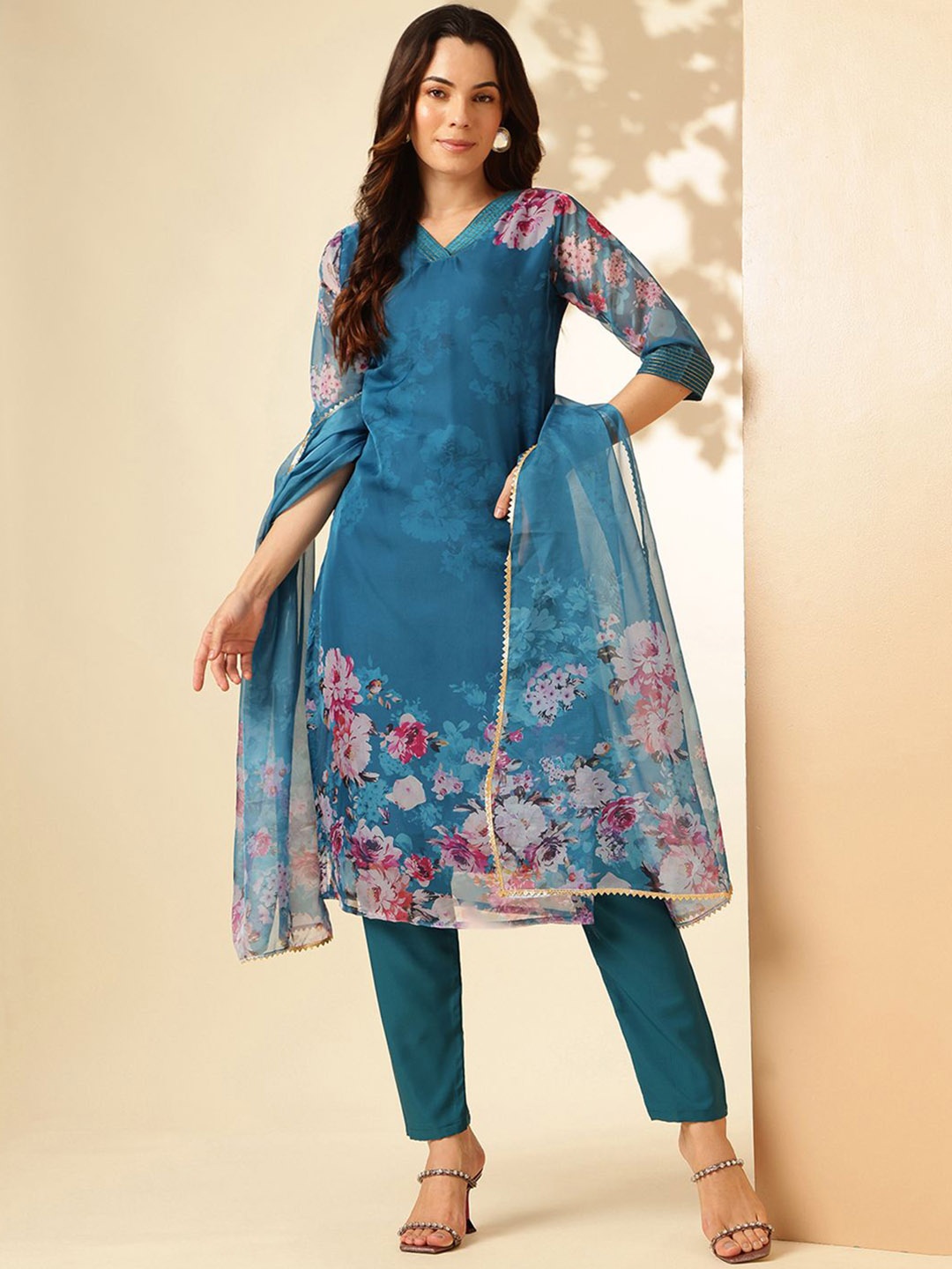 

Anouk Floral Printed V-Neck Straight Kurta with Trousers & Dupatta, Blue