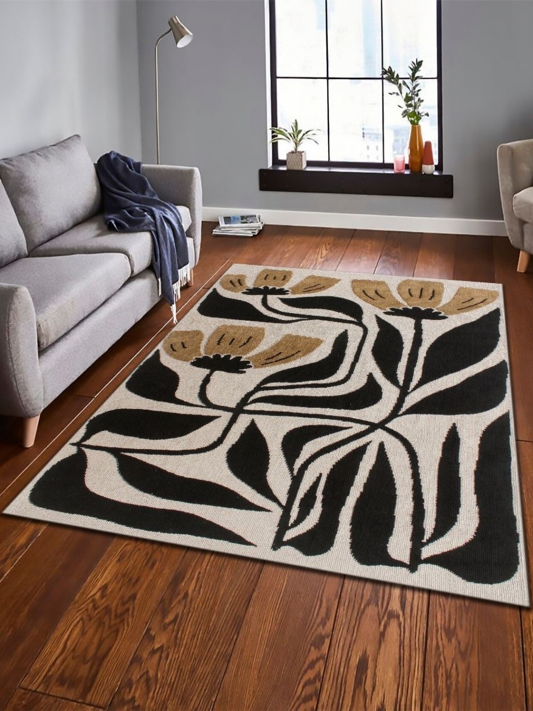 

MULTITEX Camel Brown & Black Floral Anti-Skid Carpet