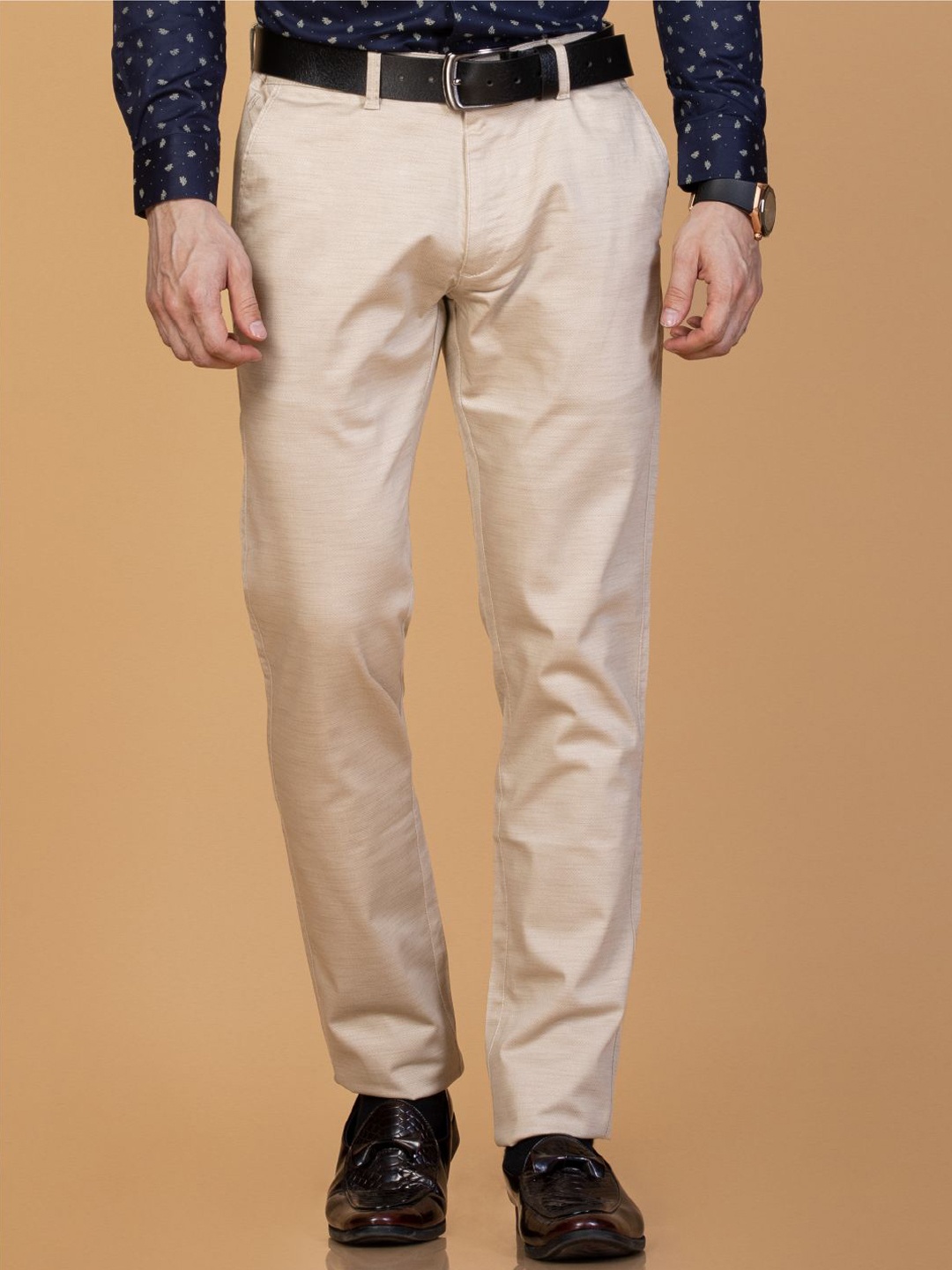

Monterrey SF Men Textured Printed Smart Slim Fit Easy Wash Trousers, Beige