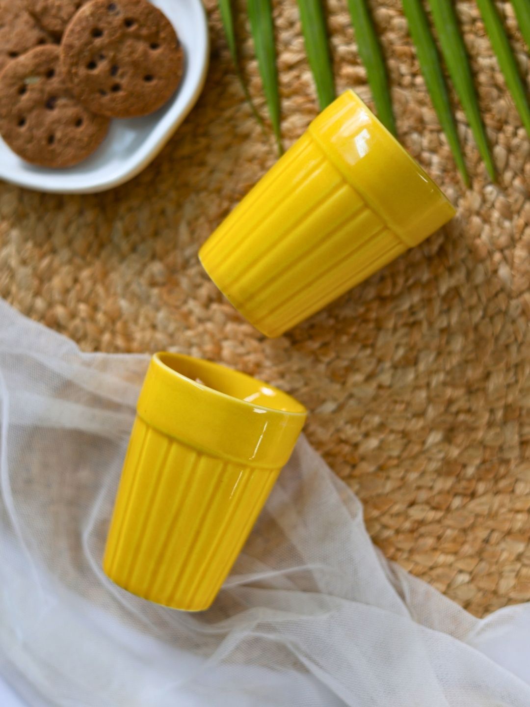 

WEAVING HOMES Yellow 2 Pieces Textured Ceramic Glossy Dishwasher Safe Kulladhs 150ml