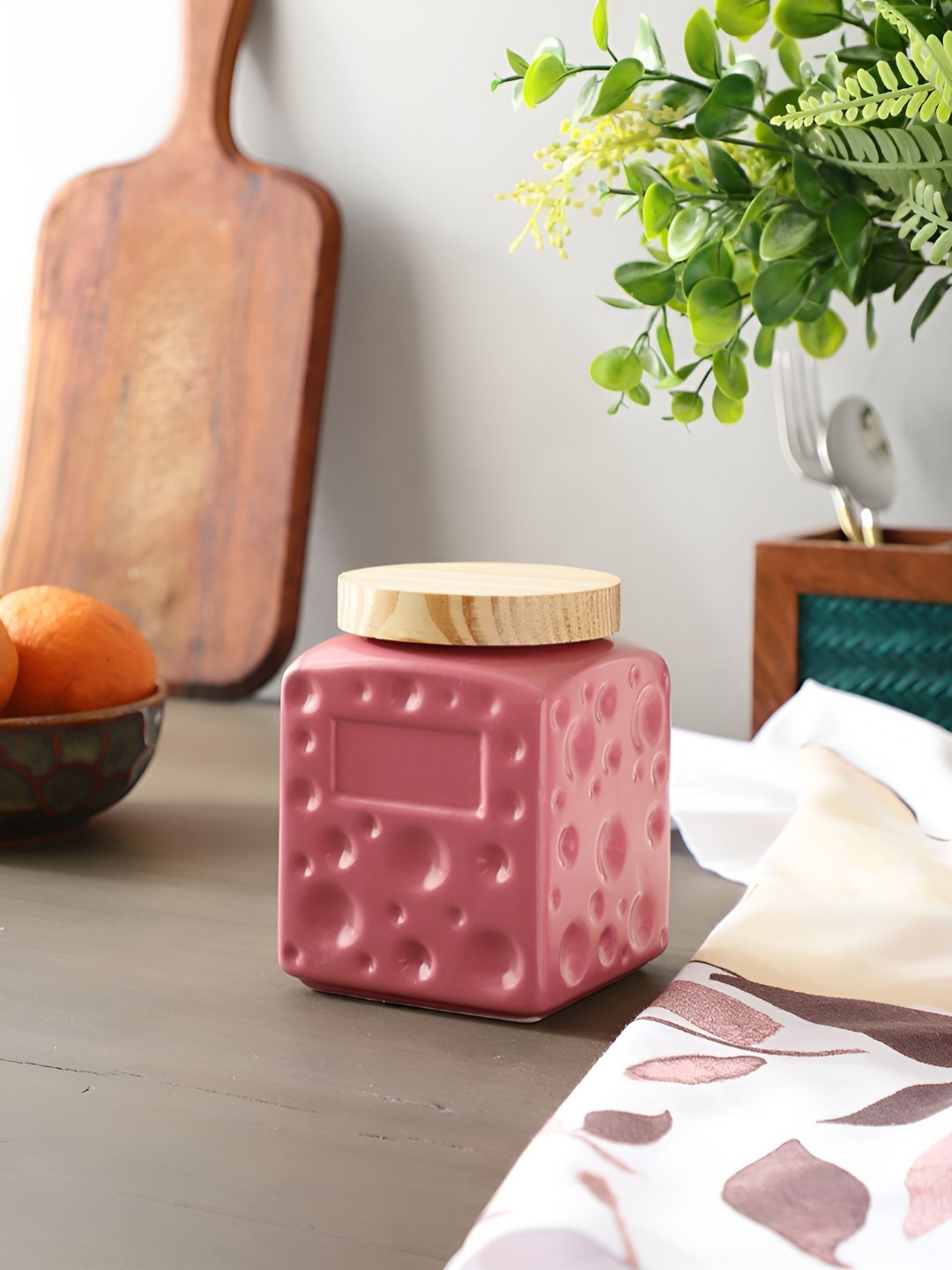 

The Decor Mantra Pink Ceramic Dishwasher Safe Jar With Wooden Airtight Lid 800 ml