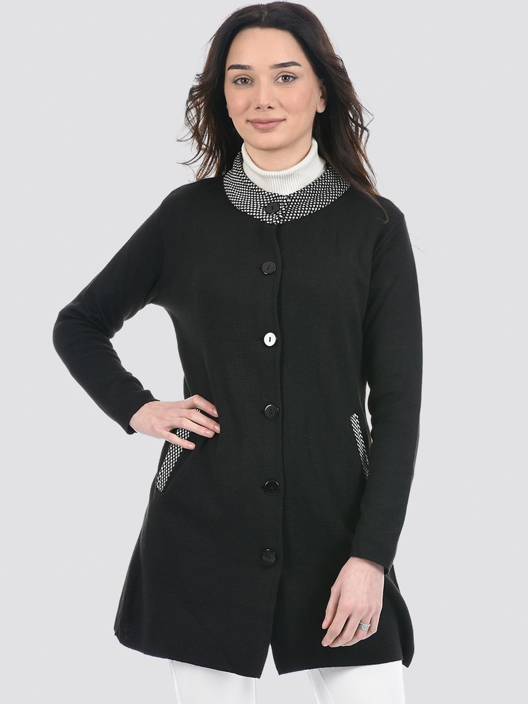 

American Eye Self Design Single Breasted Mock Collar Longline Overcoat, Black
