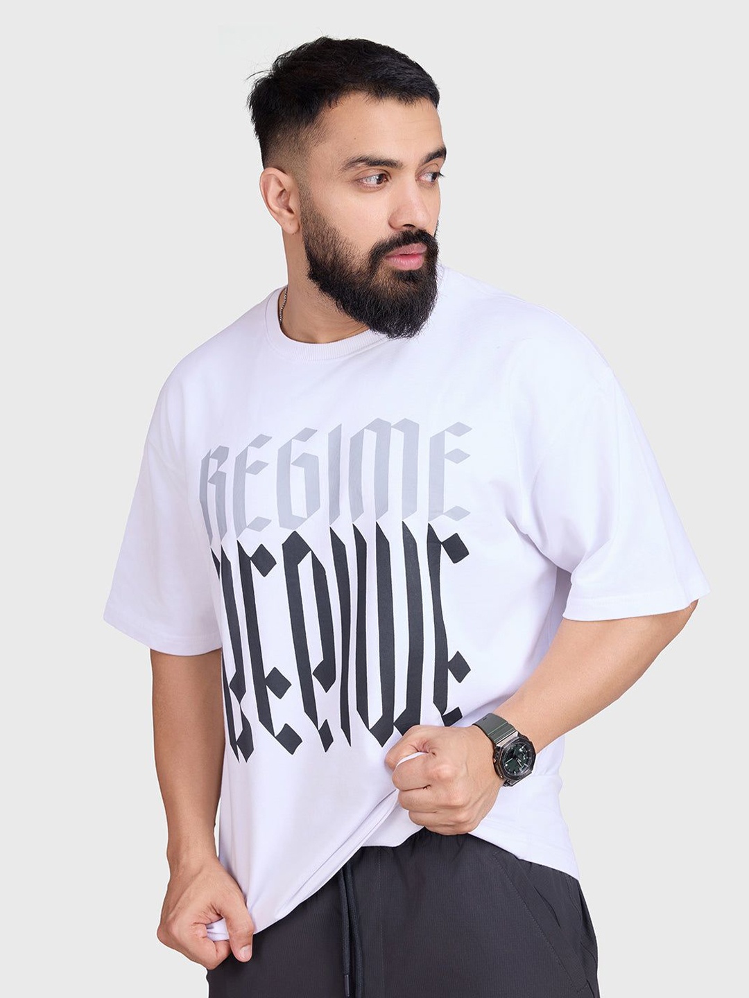 

FUAARK Men Typography Printed Round Neck Cotton Oversized T-shirt, White