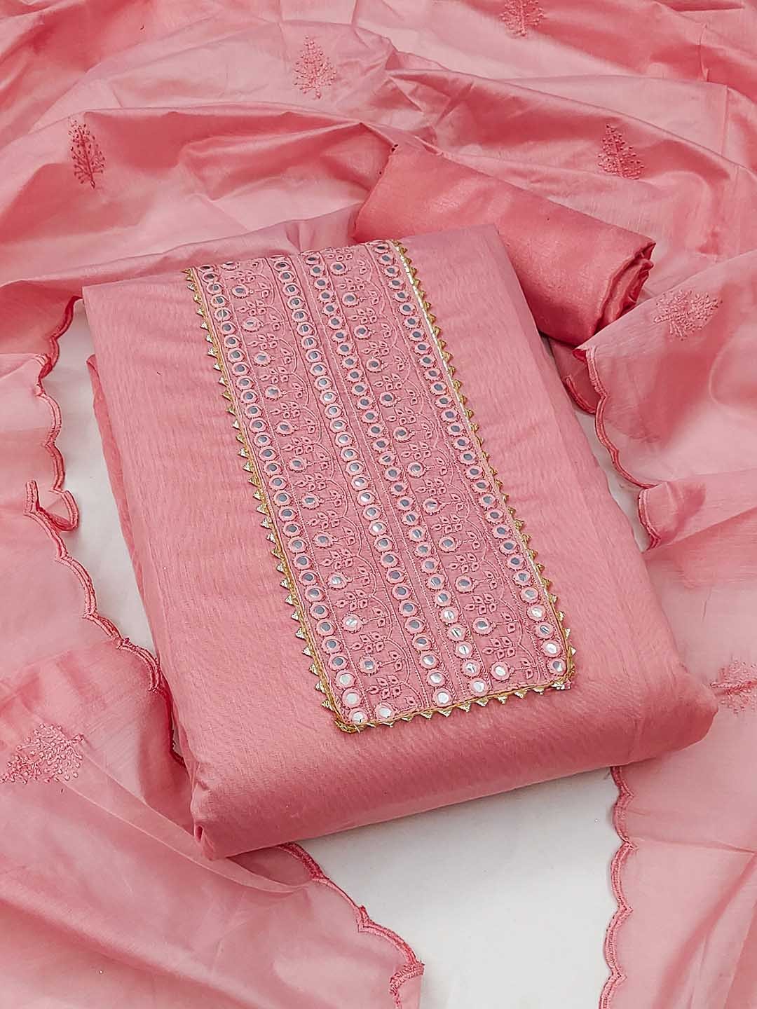 

MANVAA Floral Embellished Mirror Work Unstitched Dress Material, Pink