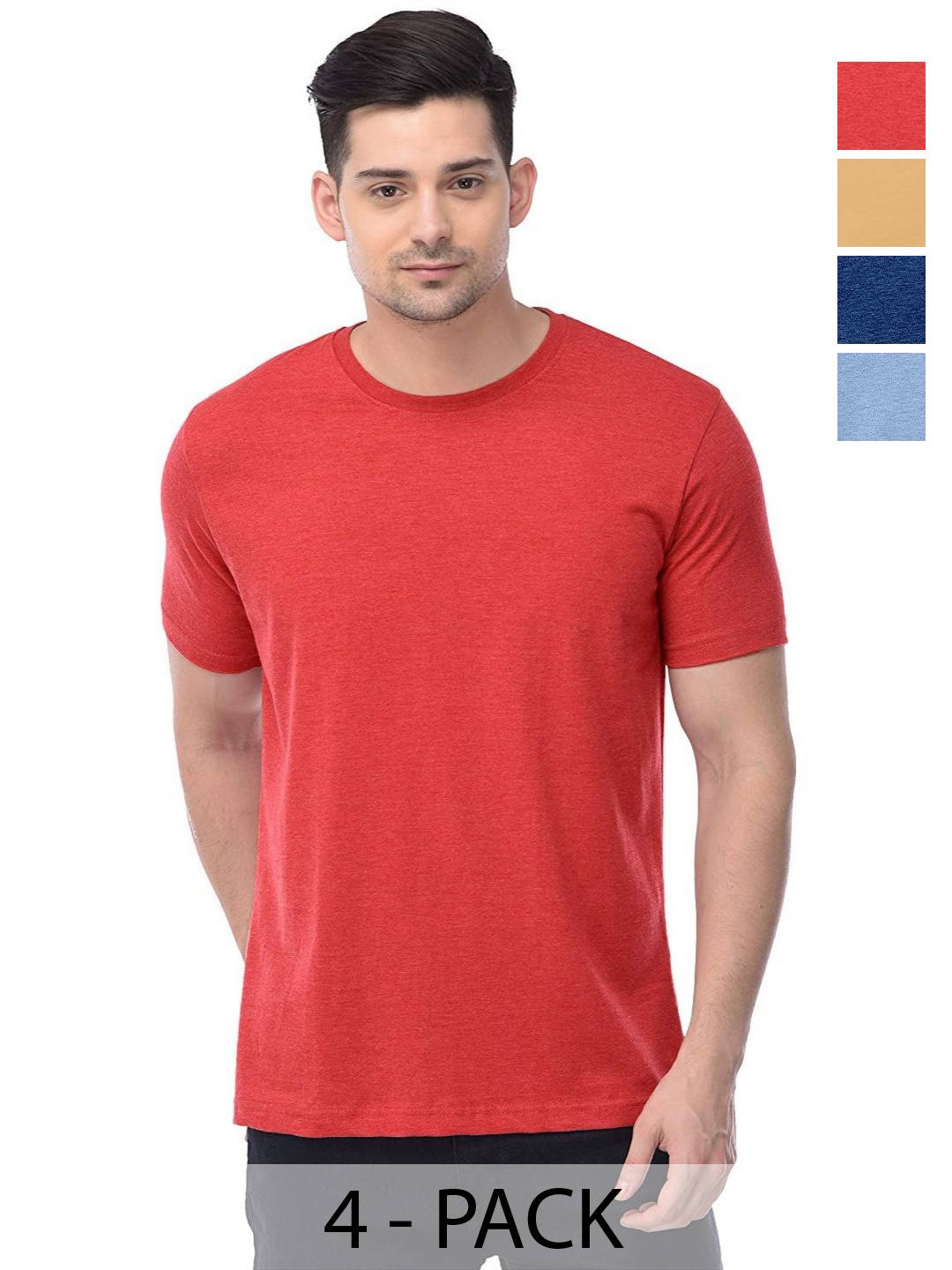 

COLOR CAPITAL Unisex Pack Of 4 Solid Round Neck Cotton T-shirts, Red