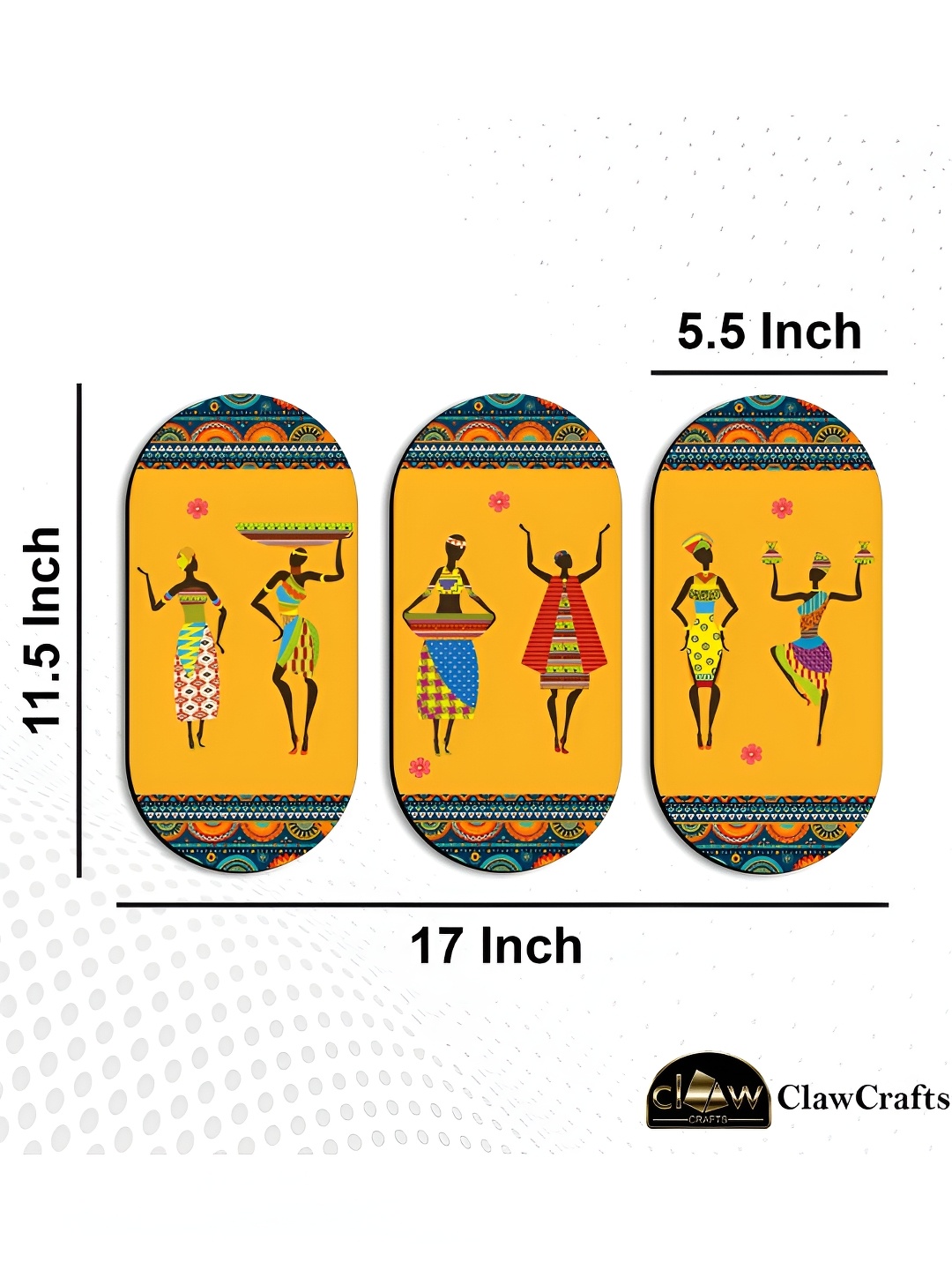 

CLAWCRAFTS Mustard Yellow and Blue 3 Pieces Dancing Tribal Inspired Wooden Wall Hangings