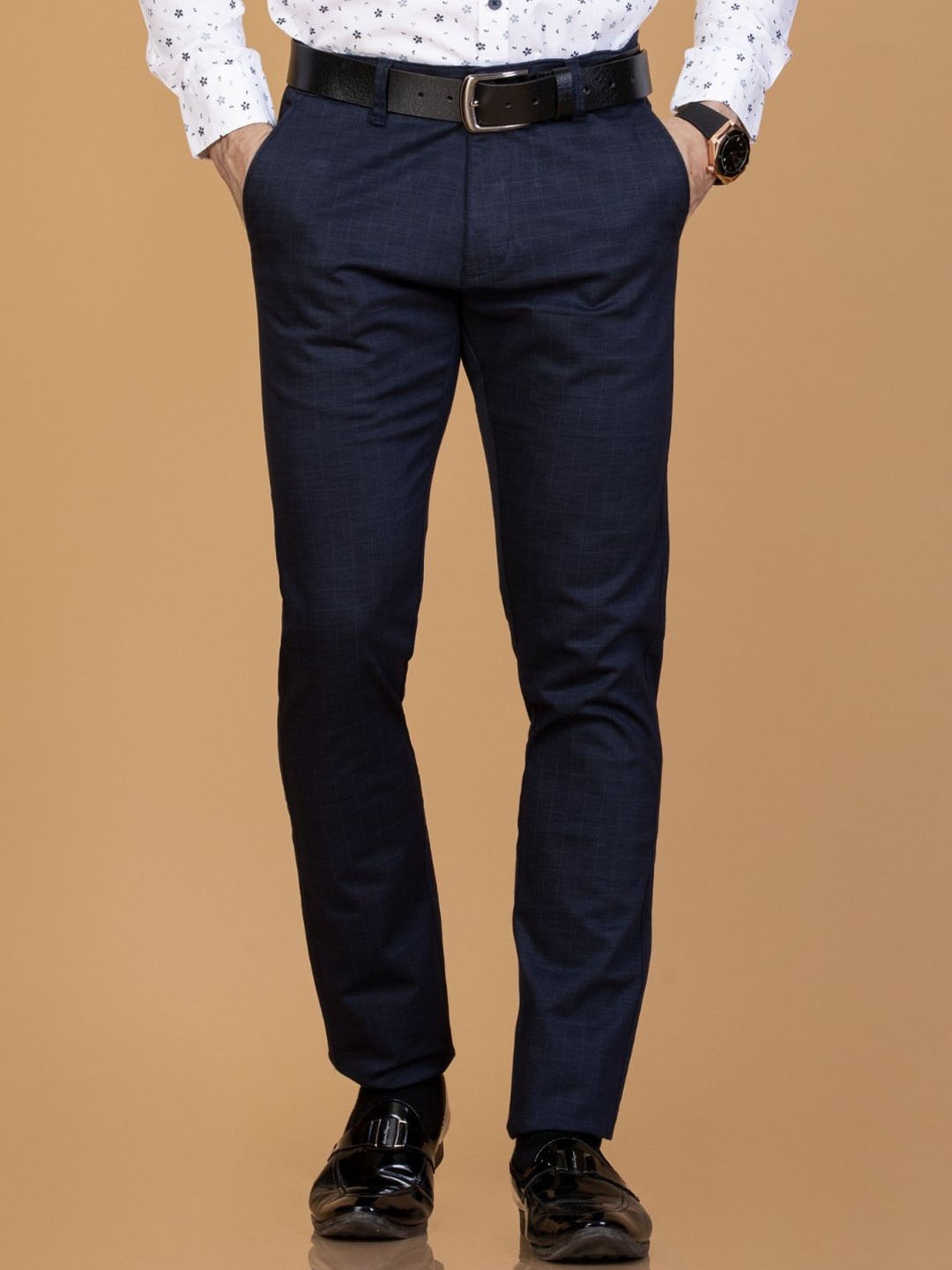 

Monterrey SF Men Checked Smart Slim Fit Formal Trousers, Blue