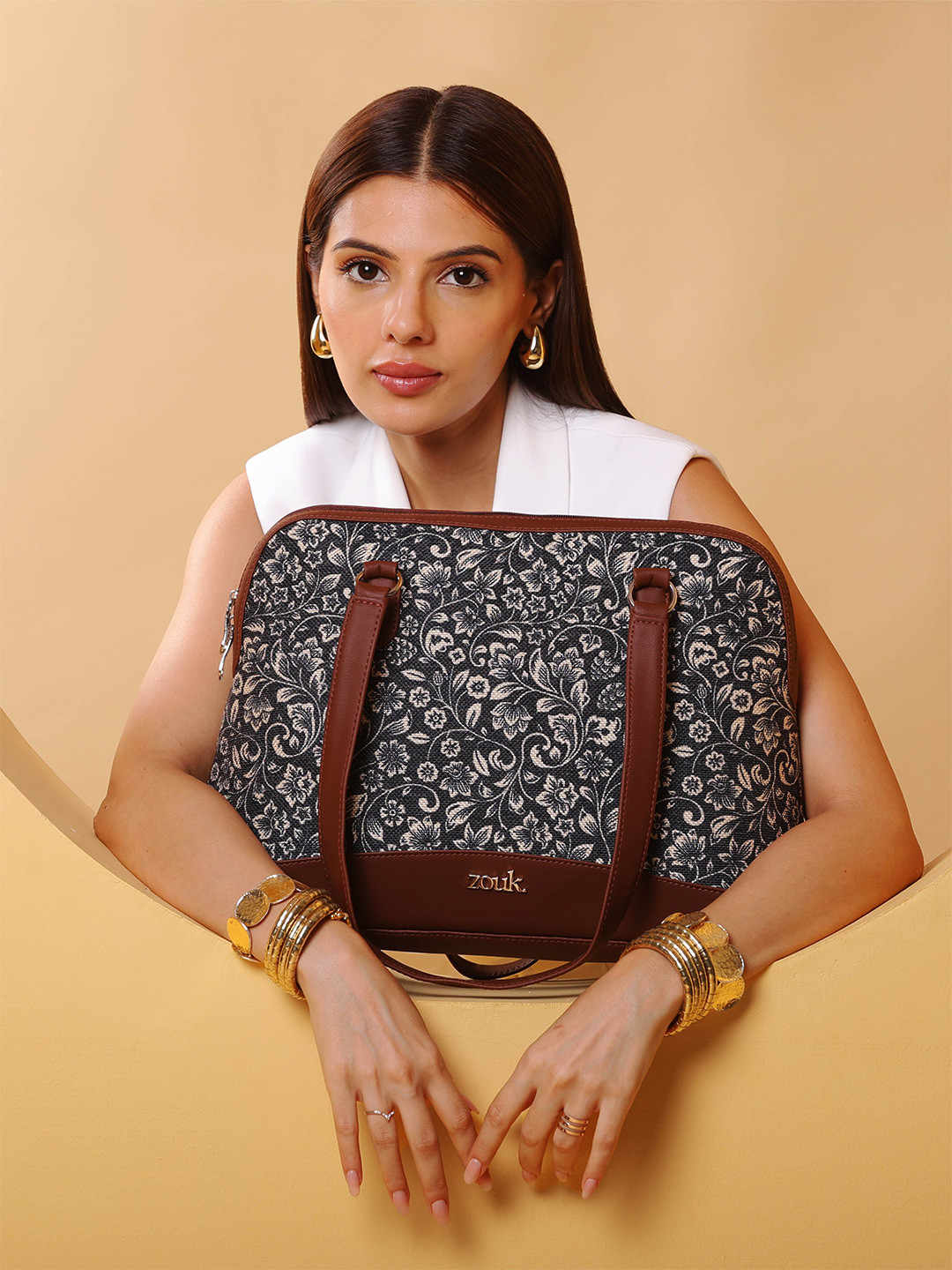 

ZOUK Floral Printed Structured Shoulder Bag, Black
