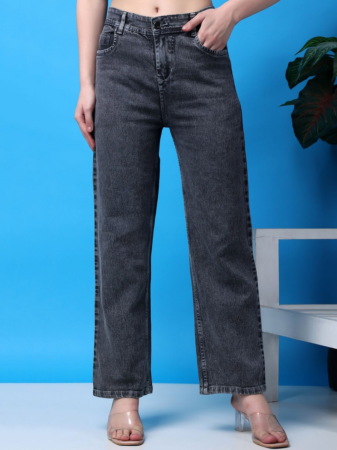 

EDITLOOK Women Boyfriend Fit Mid-Rise Washed Stretchable Jeans, Grey