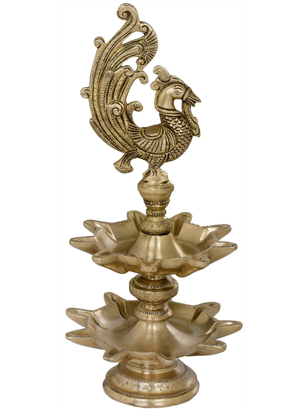 

Exotic India 14" Brass Double Layer Wicks Peacock Lamp, Gold