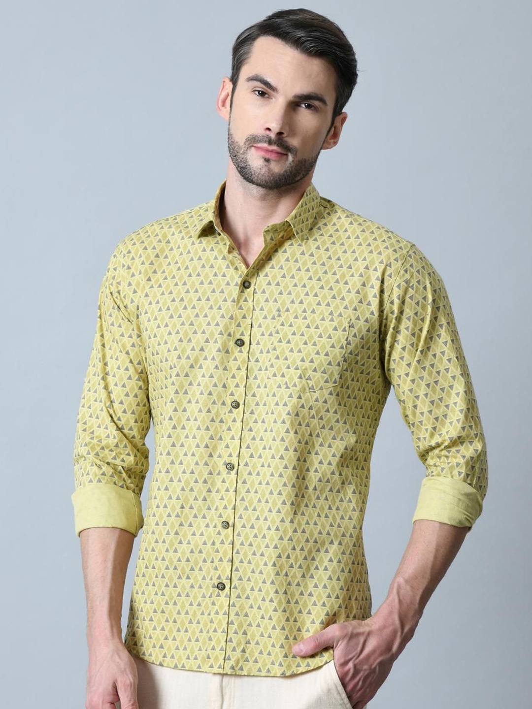 

PEBCO Men Classic Spread Collar Geometric Printed Cotton Slim Fit Casual Shirt, Yellow