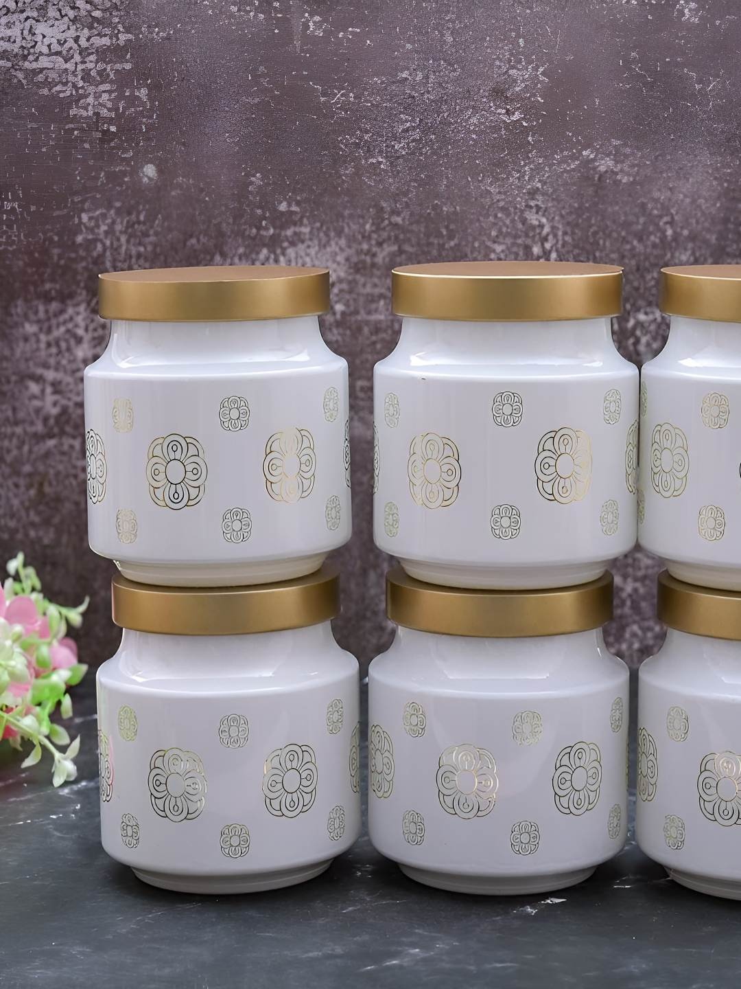 

CROCO JAR GoldToned and White 6 Pieces Printed Storage Glass Jars 600 ml each, Gold
