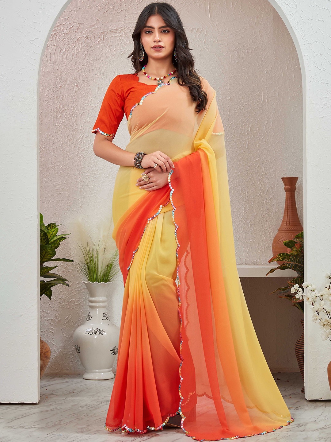 

Globon Impex Ombre Mirror Work Pure Georgette Saree, Orange