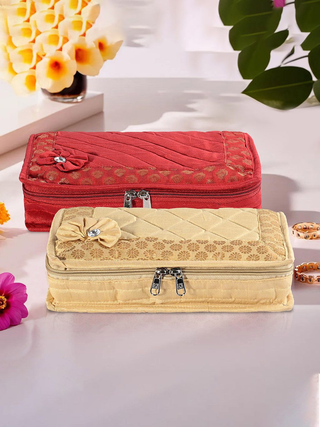 

Kuber Industries Gold-Toned & Red 2 Pieces Embroidered Jewellery Organisers