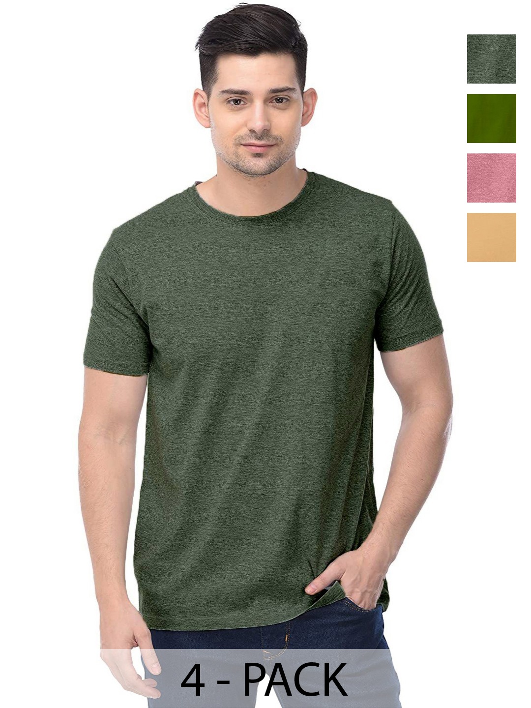 

COLOR CAPITAL Unisex Pack Of 4 Solid Round Neck Cotton T-shirts, Olive