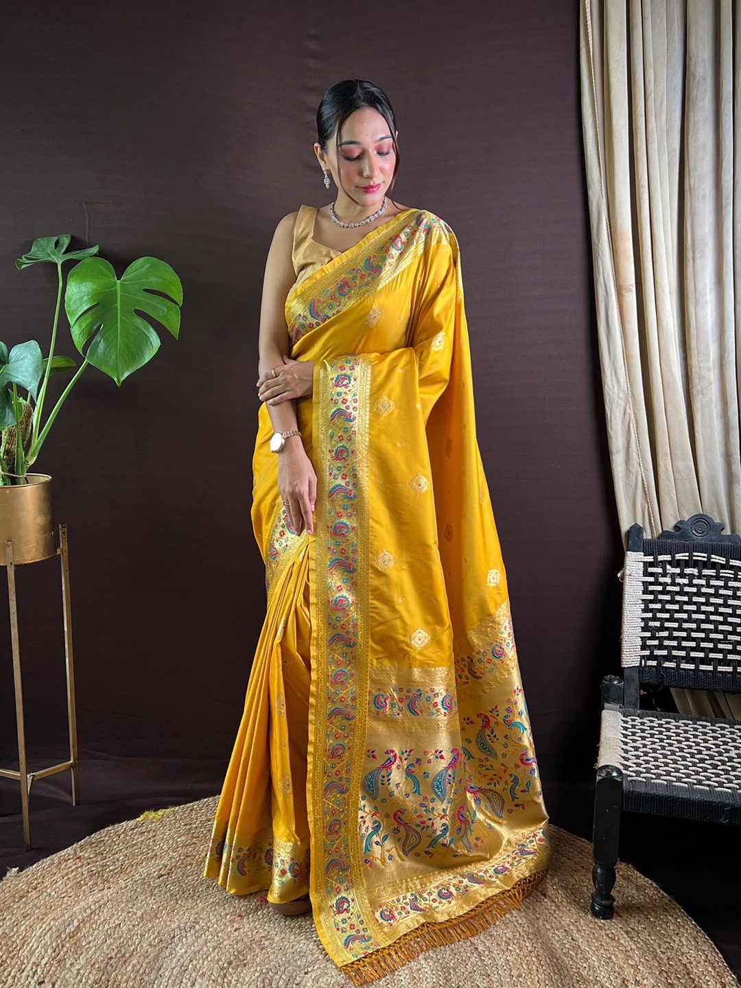 

Divyadham Textiles Ethnic Motifs Zari Pure Silk Paithani Saree, Mustard