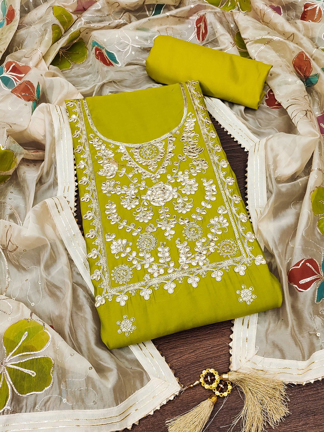

MANVAA Floral Embellished Unstitched Dress Material, Lime green