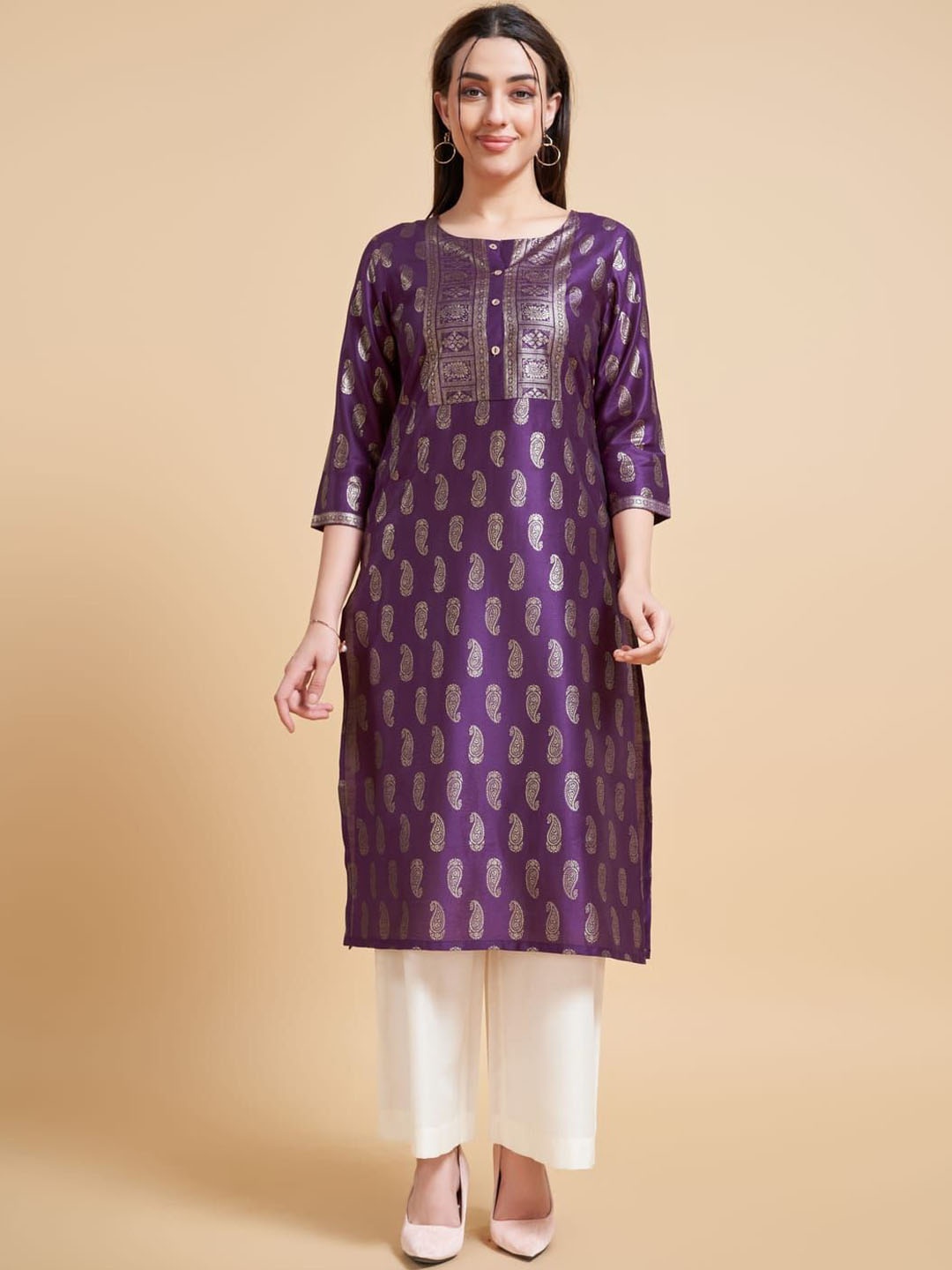 

Suha Paisley Woven Design Round Neck Straight Kurta, Purple