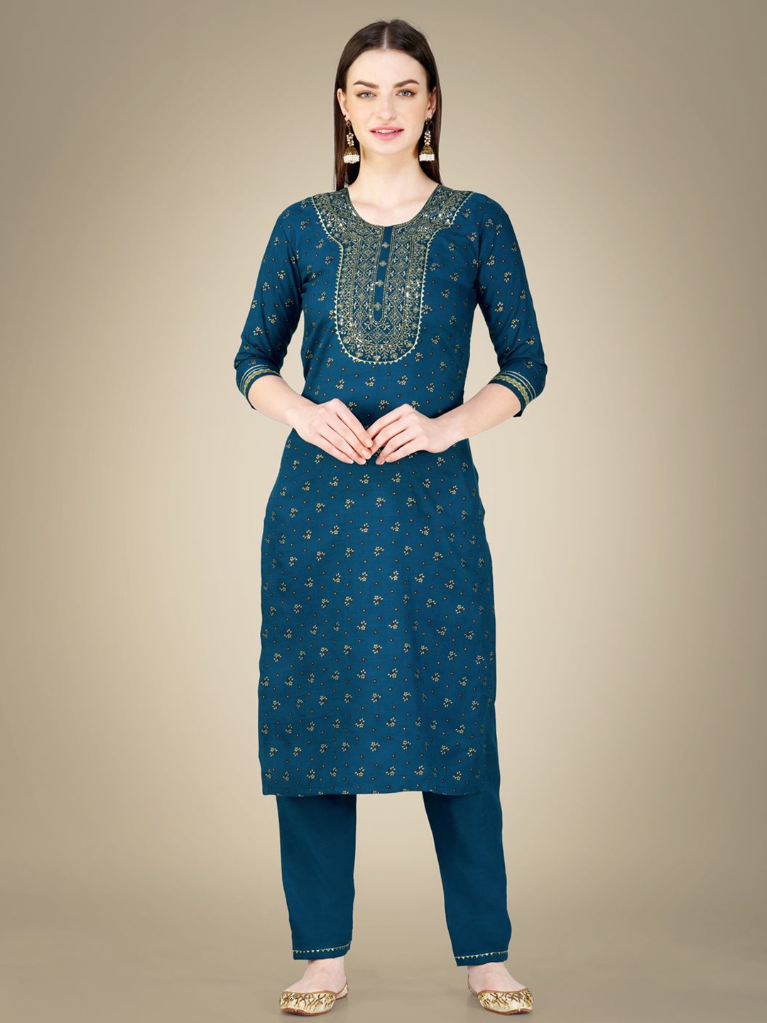 

Rujave Floral Printed Sequinned Straight Kurta With Trousers & Dupatta, Beige