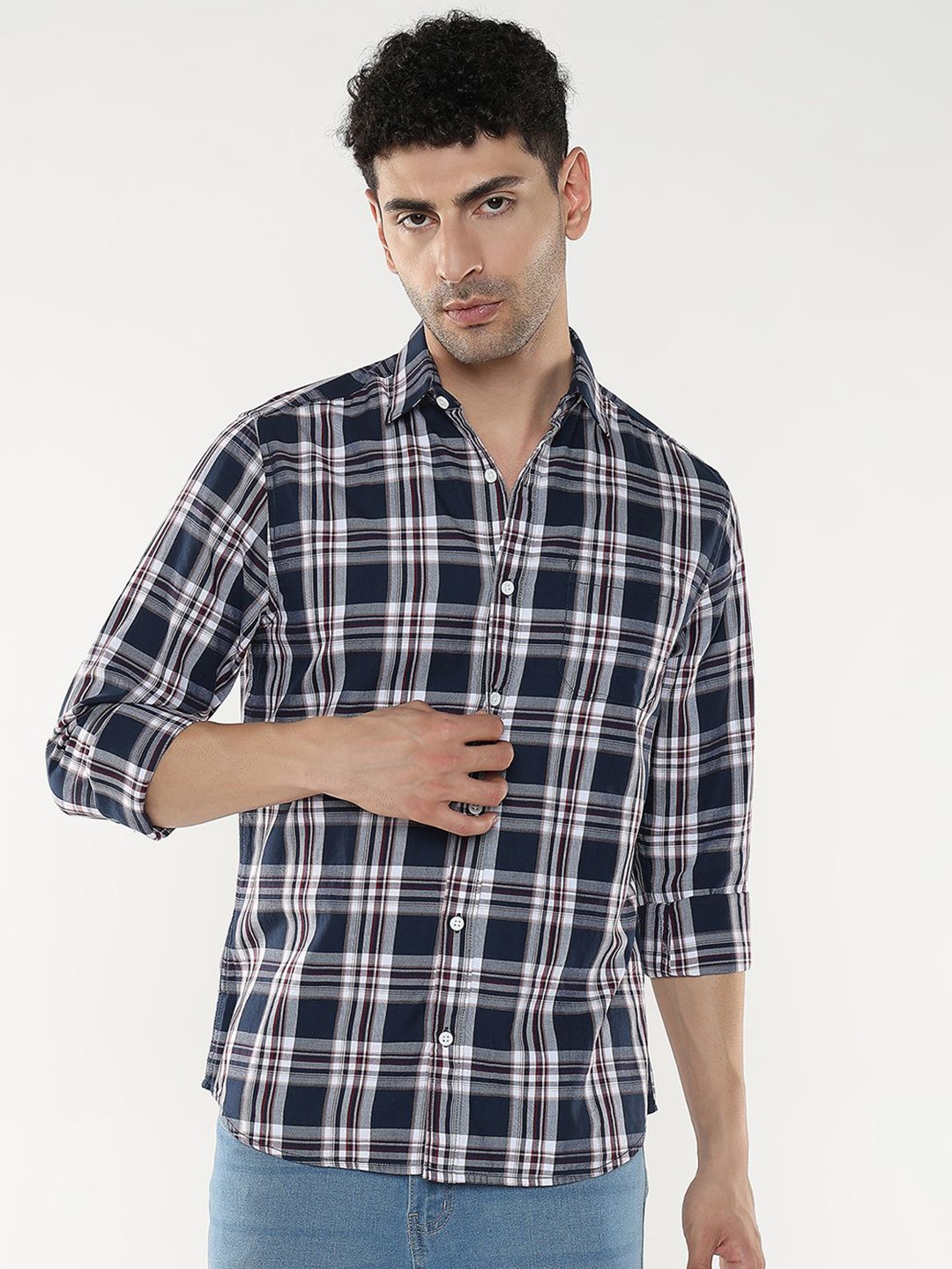 

R&B Men Spread Collar Tartan Checked Cotton Casual Shirt, Navy blue