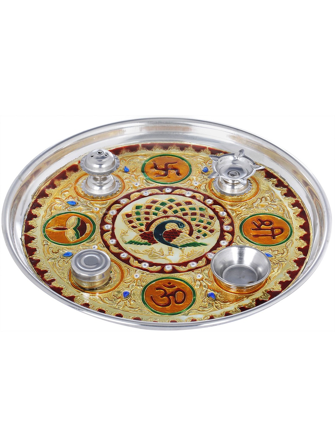 

Exotic India Peacock Puja Thali, Silver