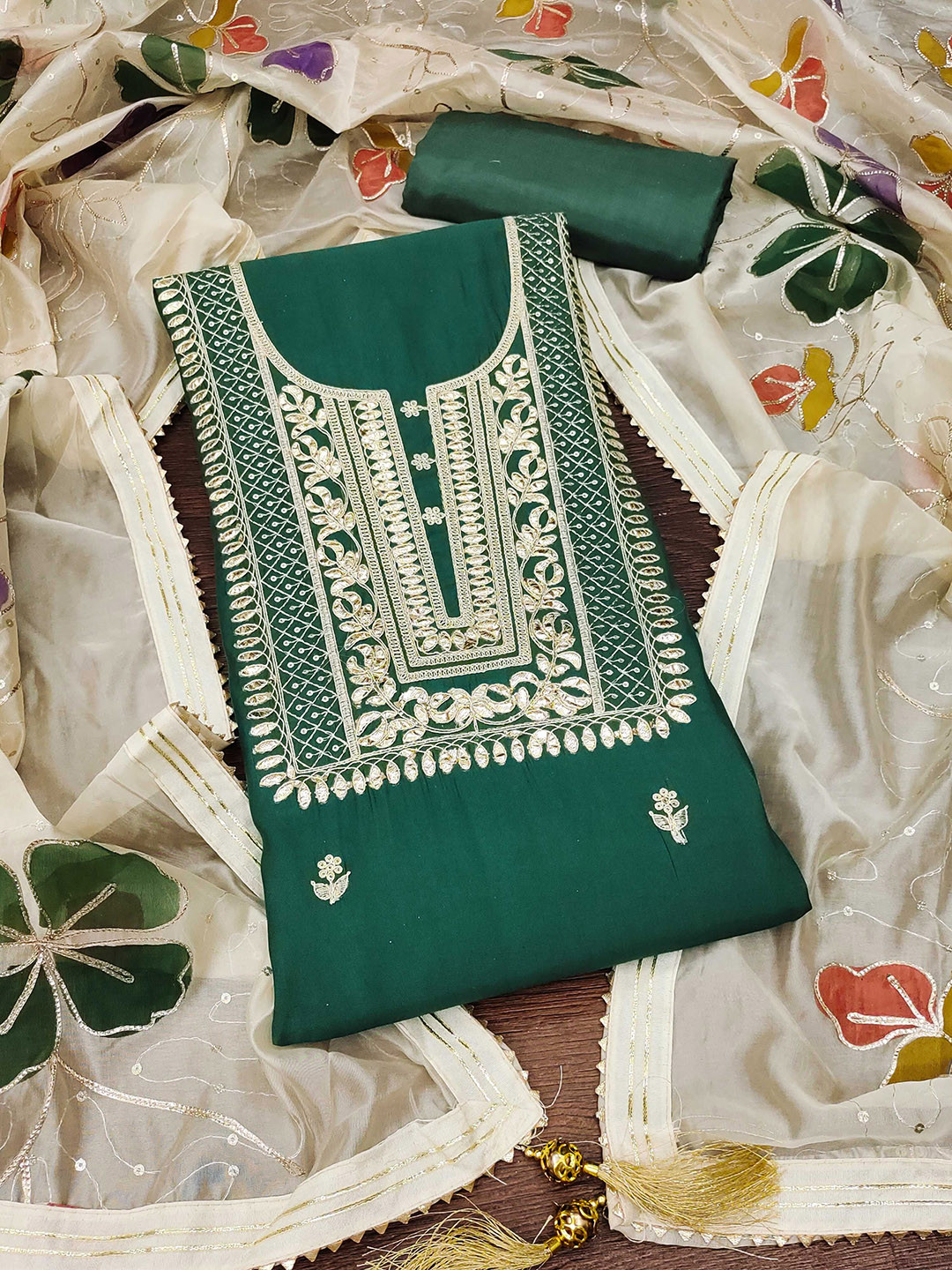 

MANVAA Embellished Unstitched Dress Material, Sea green