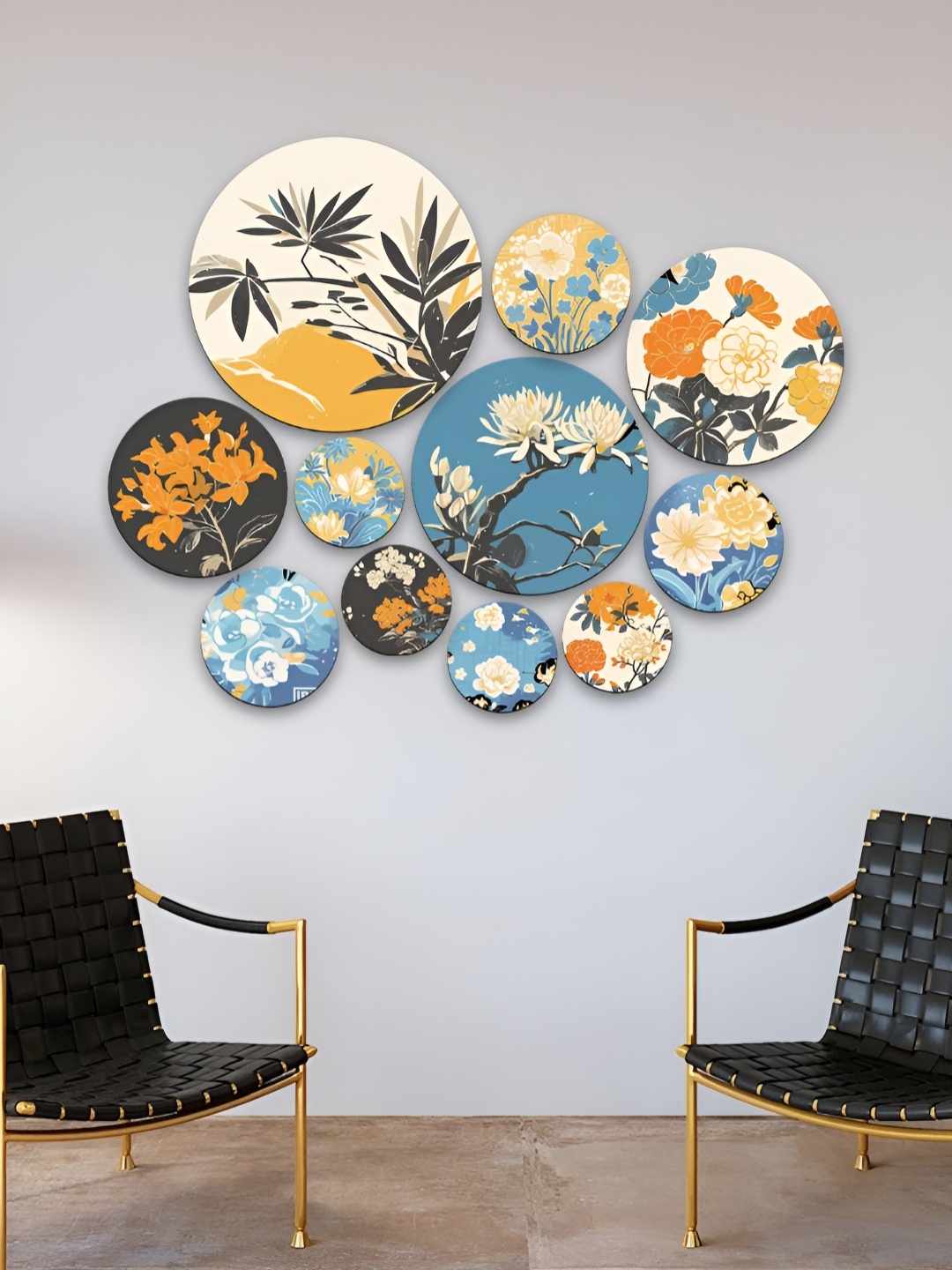 

CLAWCRAFTS Blue and Cream Colored 11 Pieces Floral Motifs Wooden Wall Plates