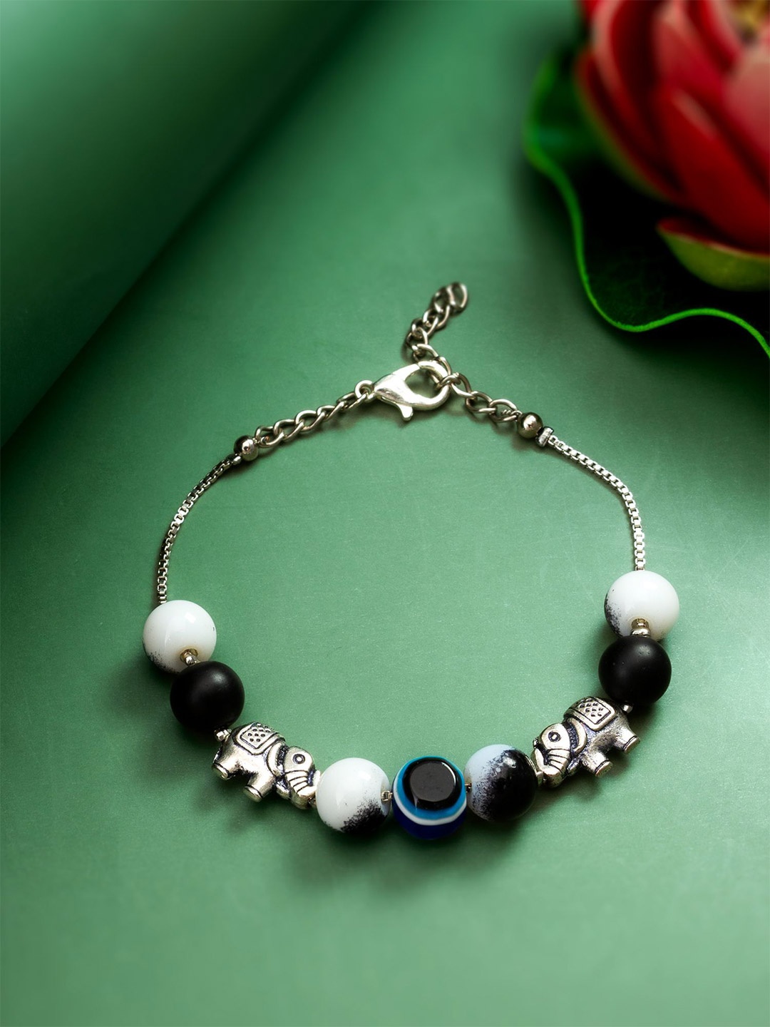 

aadita Silver Glass Pearl Evil Eye Charm Bracelet