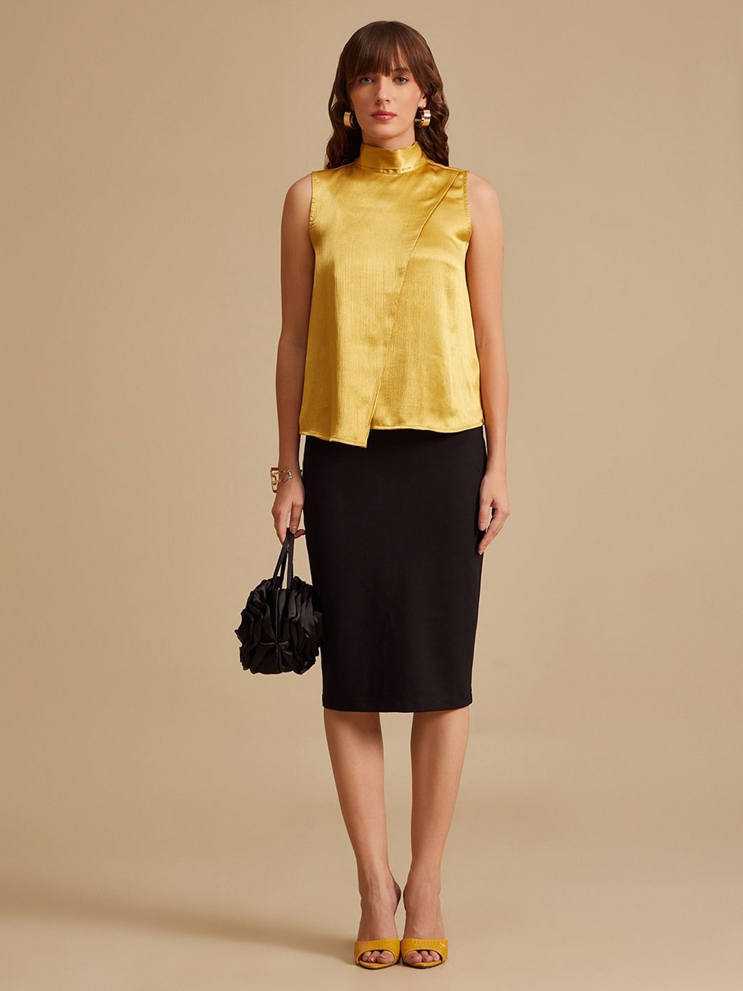

Kazo Women Solid High Neck Top, Gold