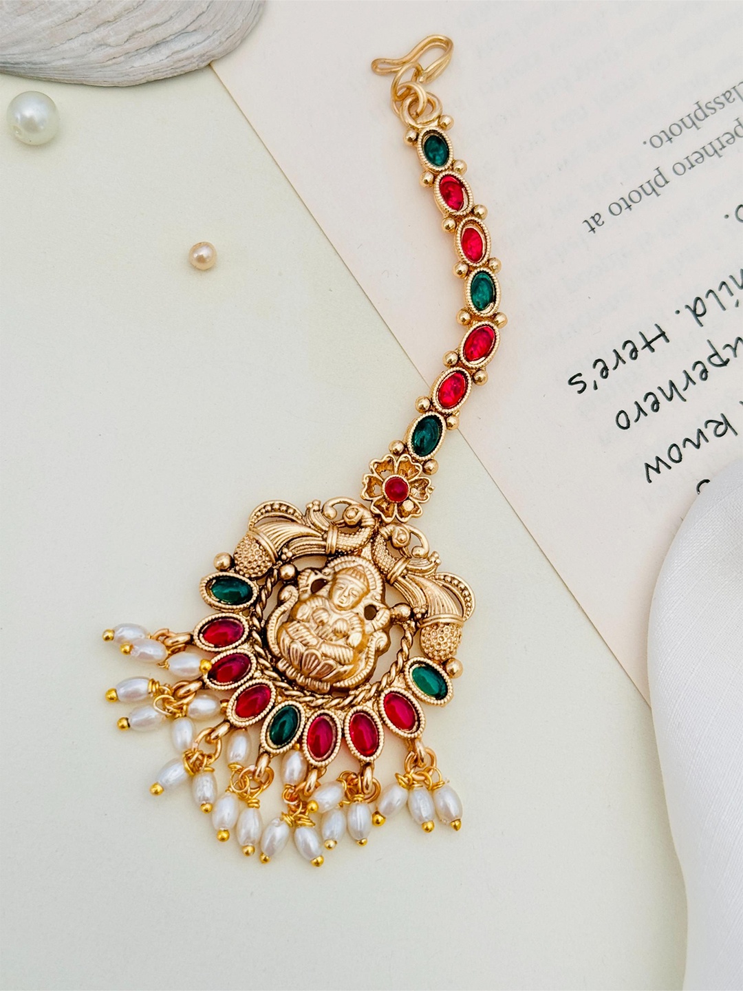 

ABDESIGNS Gold-Plated Stones Studded & Beaded Temple Maang Tikka