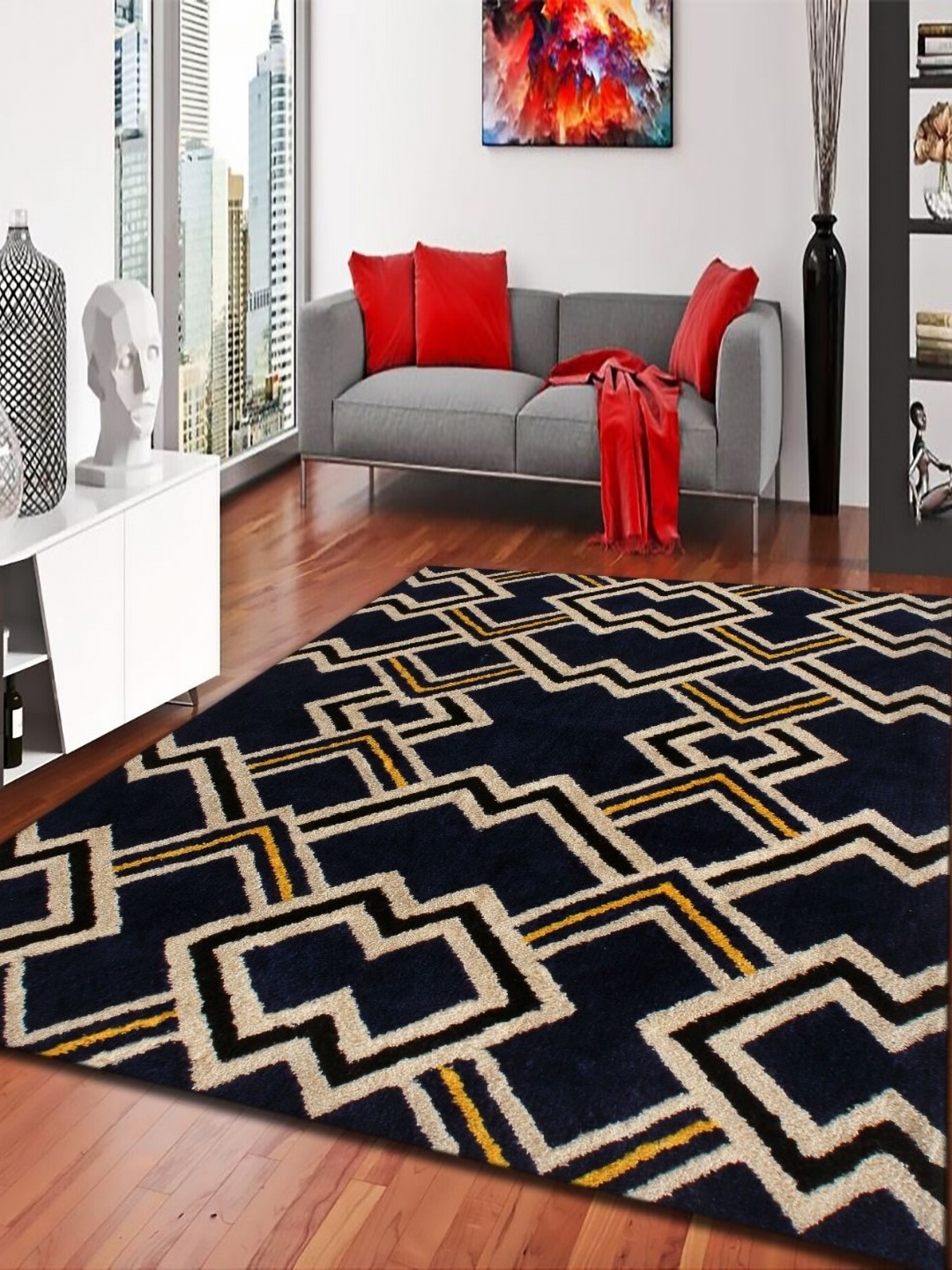 

MULTITEX Blue & Beige Geometric Anti-Skid Carpet