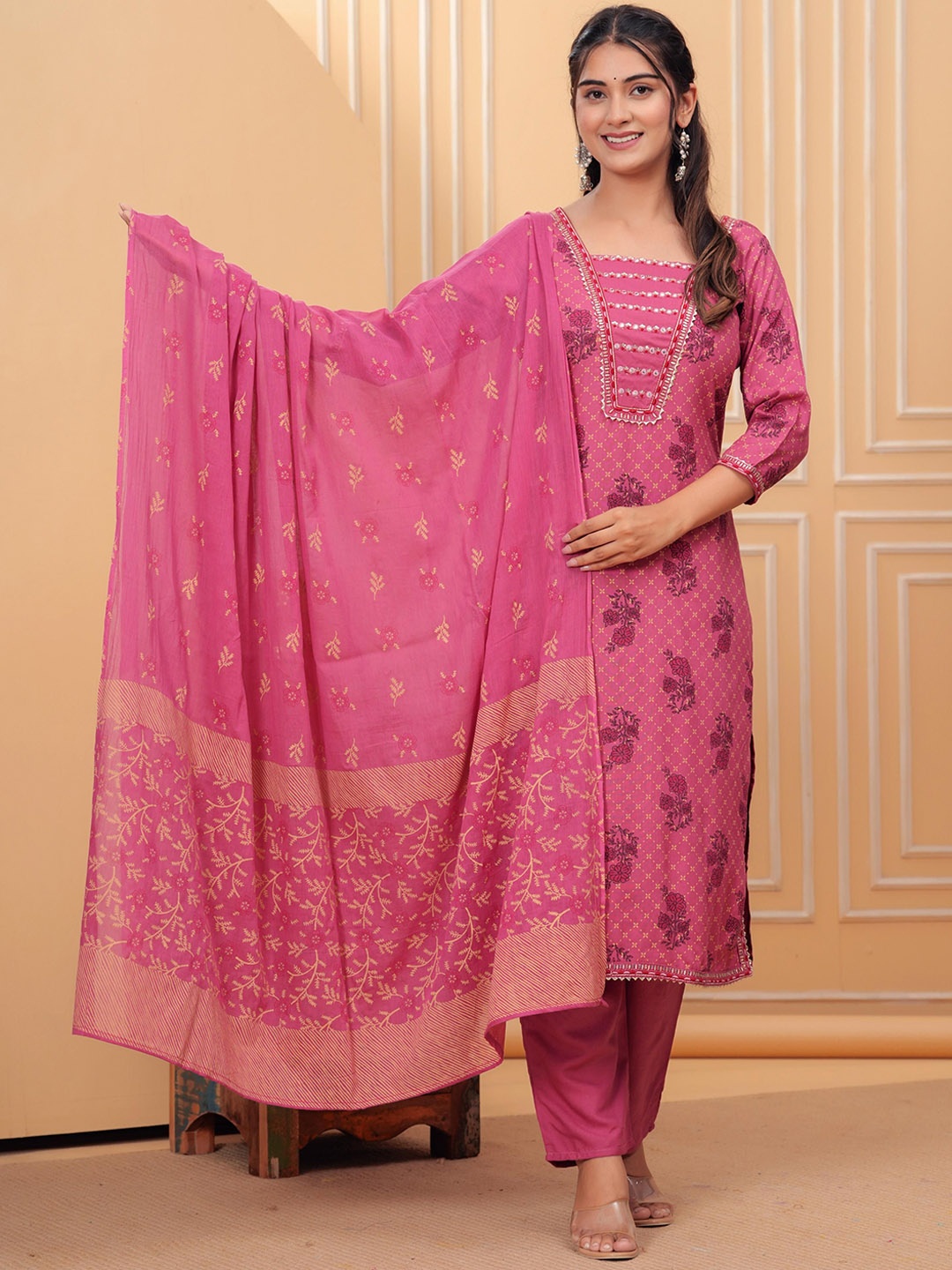 

TOULIN Floral Embroidered Mirror Work Pure Cotton Kurta With Trousers & Dupatta, Pink