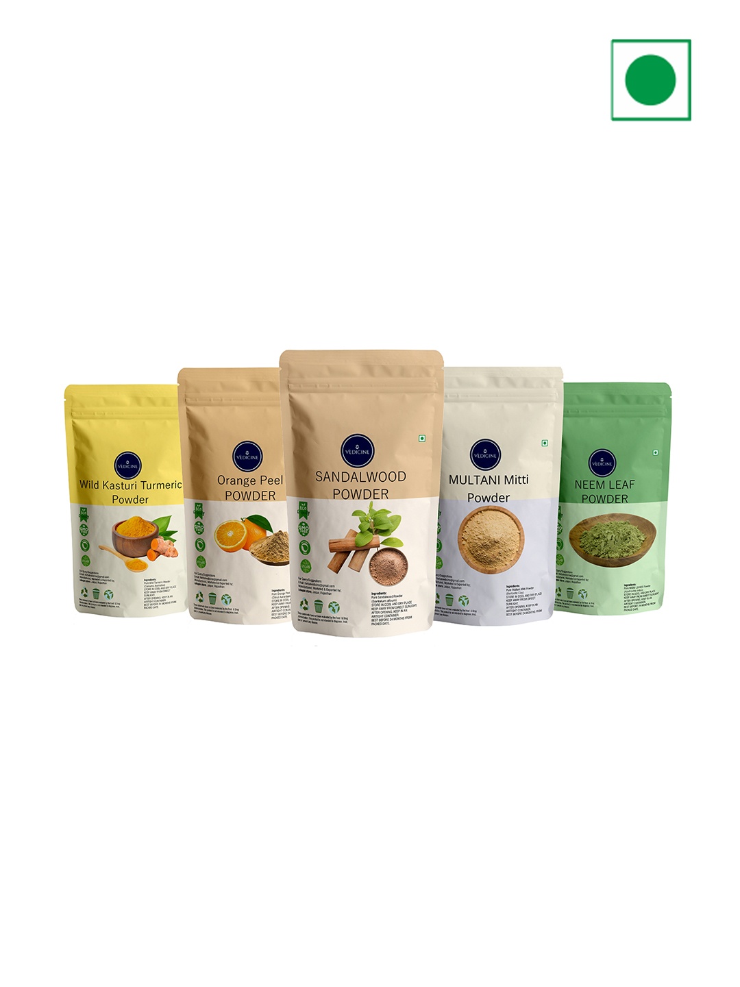 

VEDICINE Set Of 5 Wild Turmeric Orange Sandalwood Multani Mitti Neem Leaf Pack- 50g Each