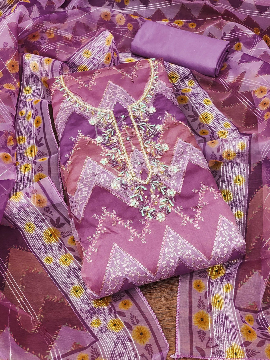 

MANVAA Embellished Sequinned Unstitched Dress Material, Purple