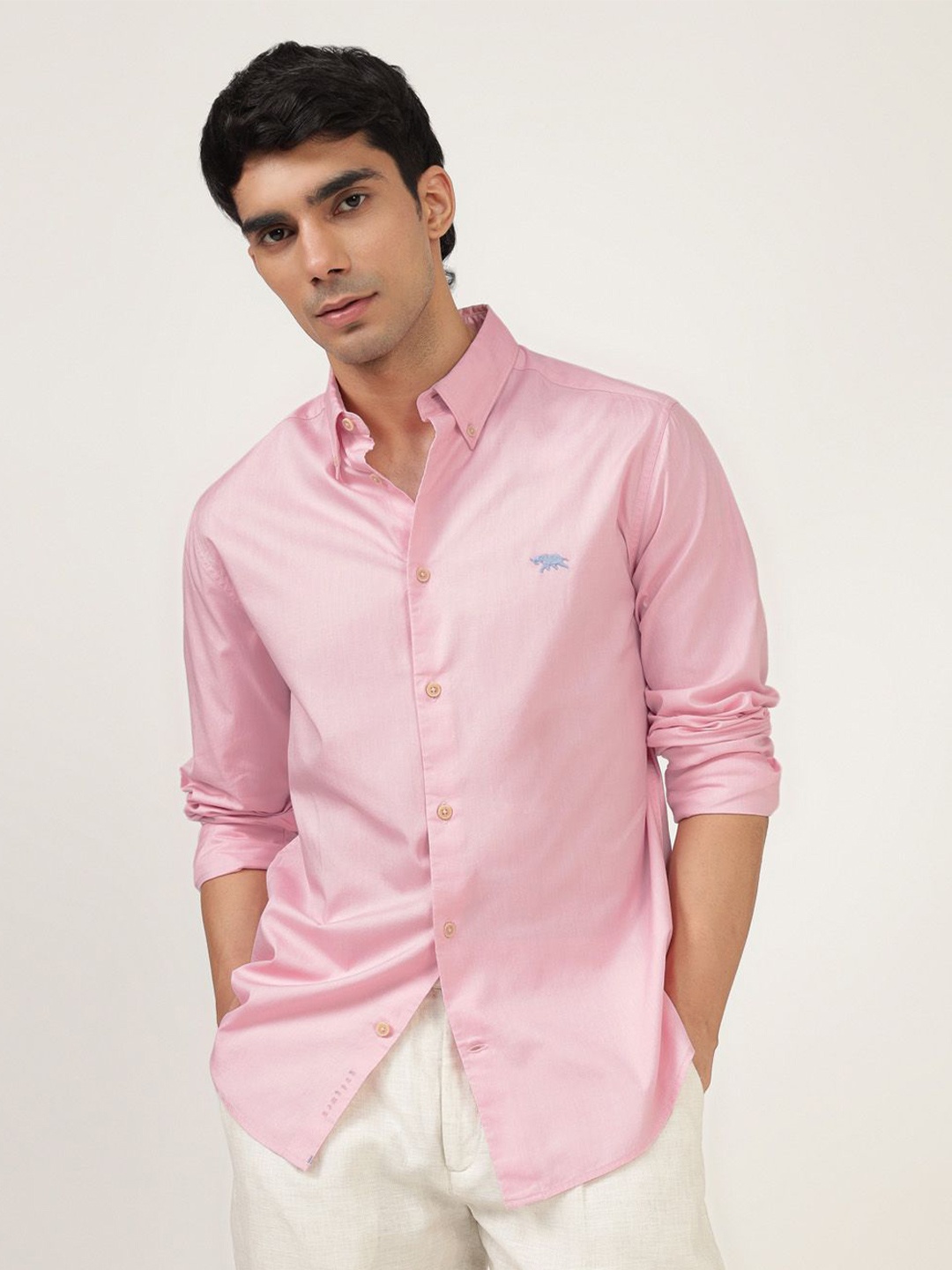 

Andamen Men Premium Button-Down Collar Solid Cotton Slim Fit Casual Shirt, Pink