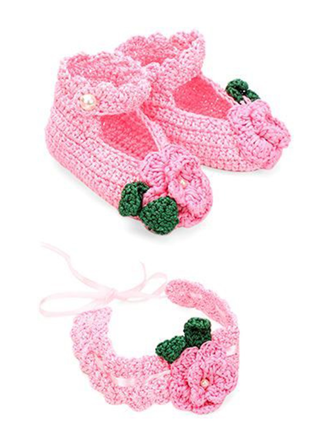 

FUNKRAFTS Girls Handmade Crochet Acrylic Booties with Headband, Pink
