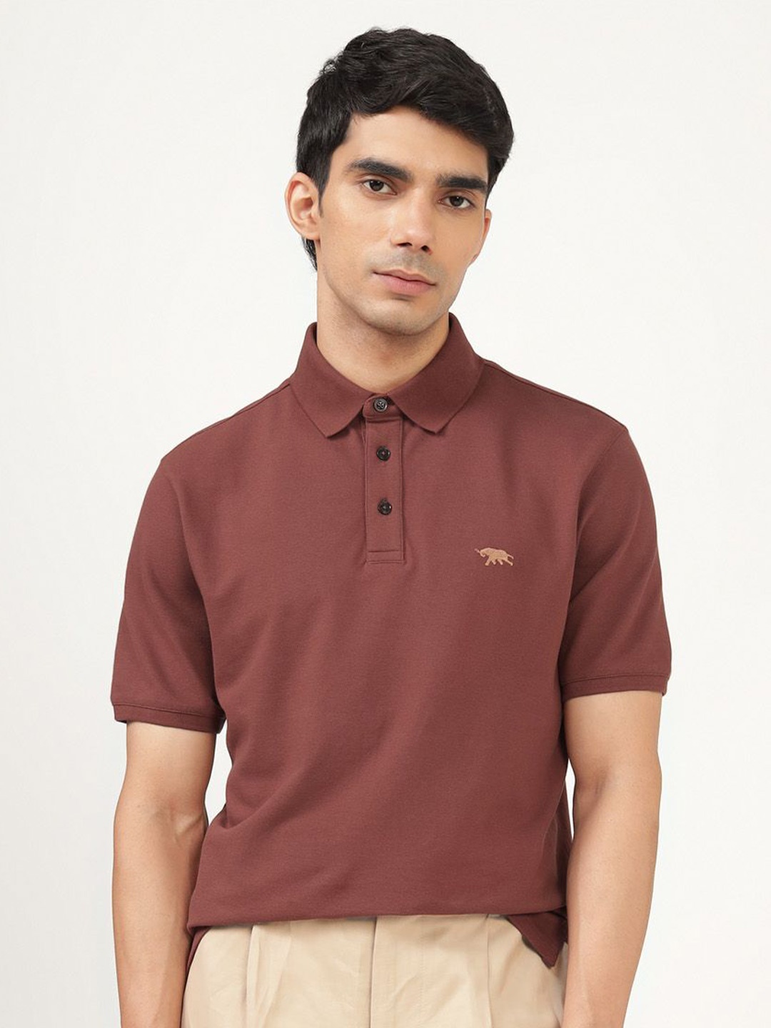 

Andamen Men Solid Polo Collar Cotton T-shirt, Rust