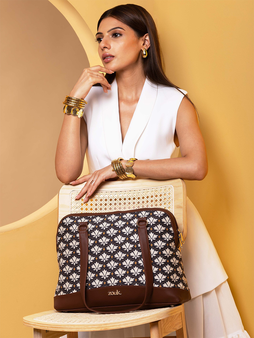 

ZOUK Ethnic Motifs Printed Structured Shoulder Bag, Black