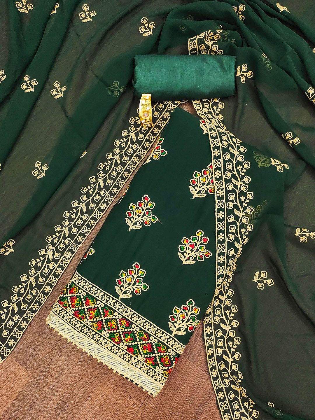 

MANVAA Floral Embroidered Unstitched Dress Material, Green